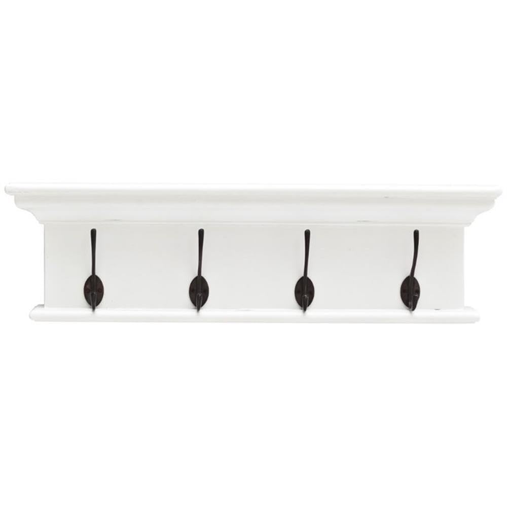 NovaSolo Halifax 4-Hook Wall Mounted Coat Rack with Top Shelf - Solid Mahogany Wood in Pure White Finish | Perfect for Entryway, Bedroom, or Mudroom Organization