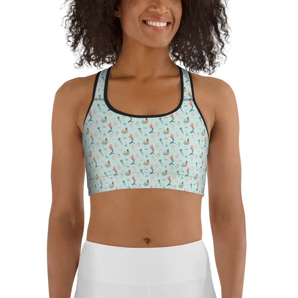 High Support Sports Bra for Women - Mermaid Sea Print Gym Workout Top - Perfect for Yoga, Running & Fitness Training
