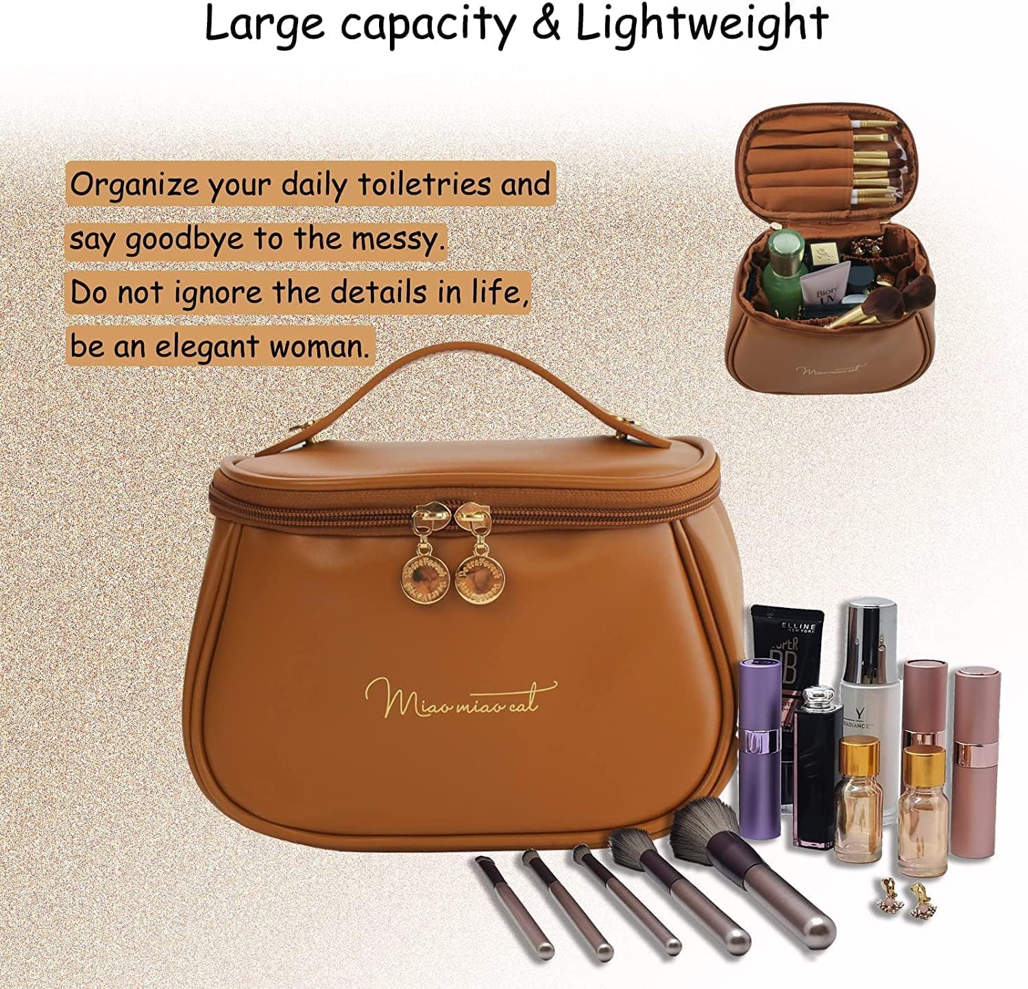 BLAGO PU Leather Makeup Storage Bag - Portable Cosmetic Organizer for Travel, Multifunctional Vanity Pouch with Brush Holder | Perfect for Women's Toiletries, Makeup Brushes & Travel Essentials (Ideal for Vacation, Gym & Daily Use)