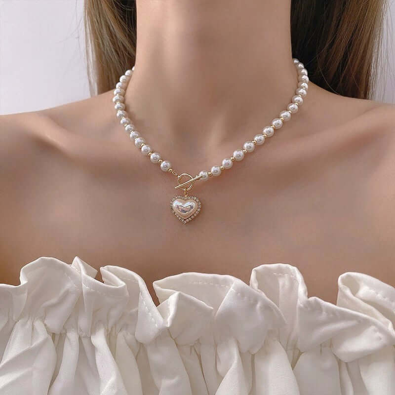 Elegant Heart Charm Pearl Bead Open-Triangle Necklace for Women | HN2013 | Perfect for Valentine's Day, Anniversary & Romantic Date Night Gifts