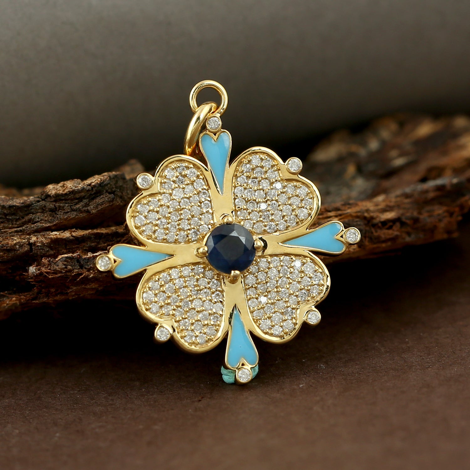 14K Yellow Gold Blue Sapphire Pave Diamond Heart Flower Pendant Necklace - Perfect for Valentine's Day Gifts, Anniversary Presents & Special Occasions
