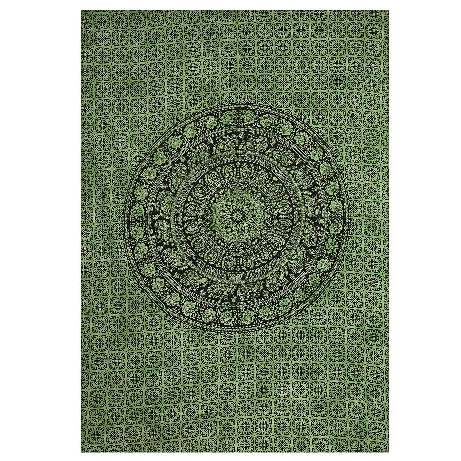 Marubhumi Bohemian Tapestry Wall Hanging - Black & White Mandala Design, 85x90 Inch Queen Size, Green Dye - Hippie Wall Art for Dorm, Beach, Festival Decor | Perfect for Bedroom, Living Room & Outdoor Boho Style