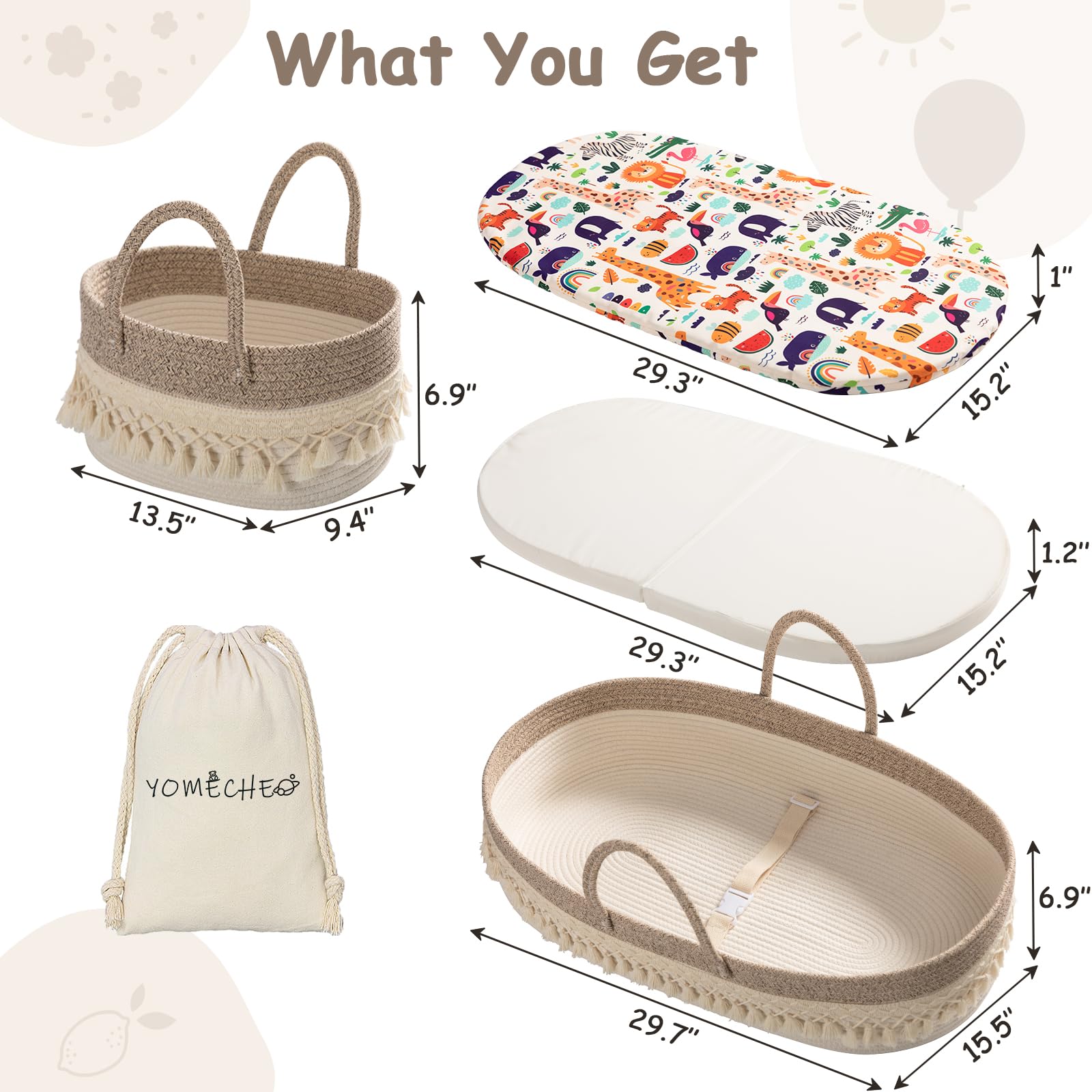 **Boho Baby Changing Basket with Diaper Caddy – Waterproof Moses Basket for Newborns, Baby Dresser Organizer with Cartoon Changing Pad & Storage Bag – Perfect for Nursery, Diaper Changing Station & Baby Shower Gifts**
