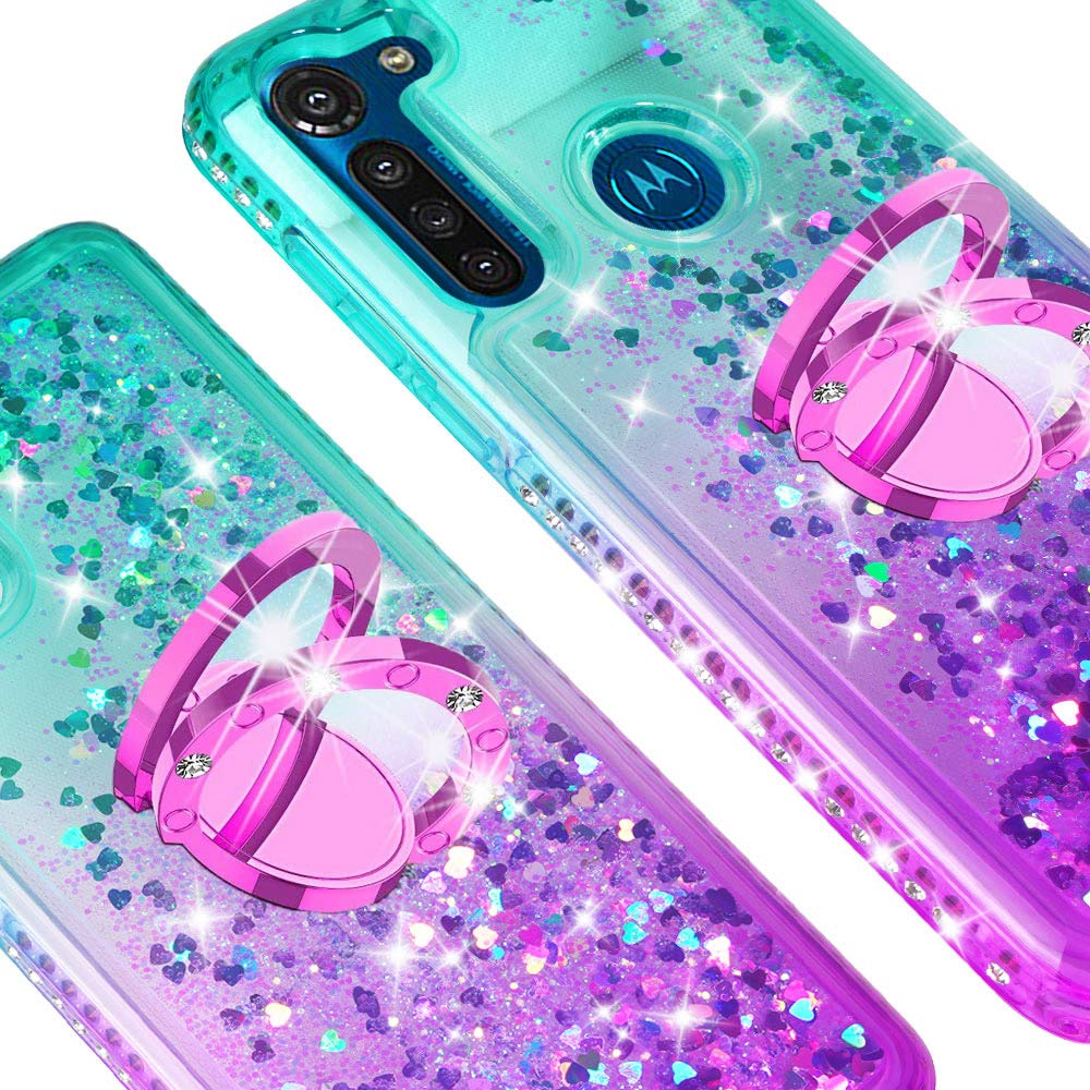 SOGA Rhinestone Liquid Quicksand Phone Case for Moto G8 Power - Sparkly Purple Teal Glitter Cover with Magnetic Ring Holder for Car Mount & Lanyard | Perfect for Girls, Women, Fashion Accessories & Everyday Protection