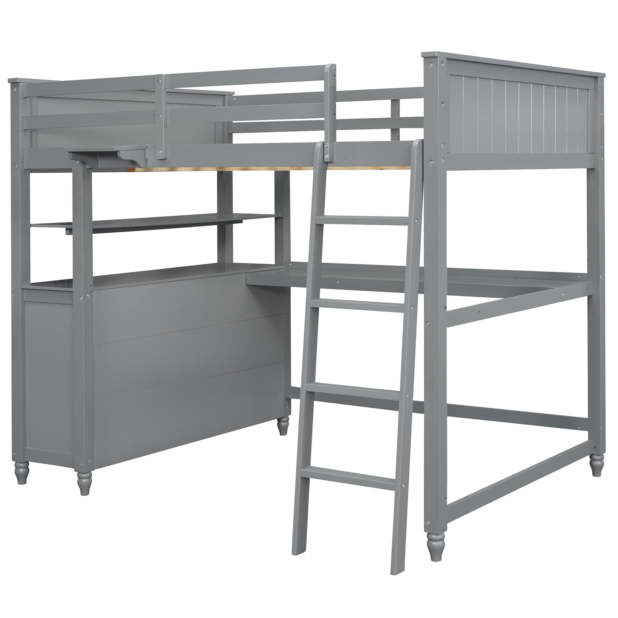 Full Loft Bed with Desk & Storage - Wooden Loft Bed with Drawers & Shelves for Kids, Teens & Adults - Space-Saving Gray Bedroom Furniture for Small Rooms & Dorm Rooms