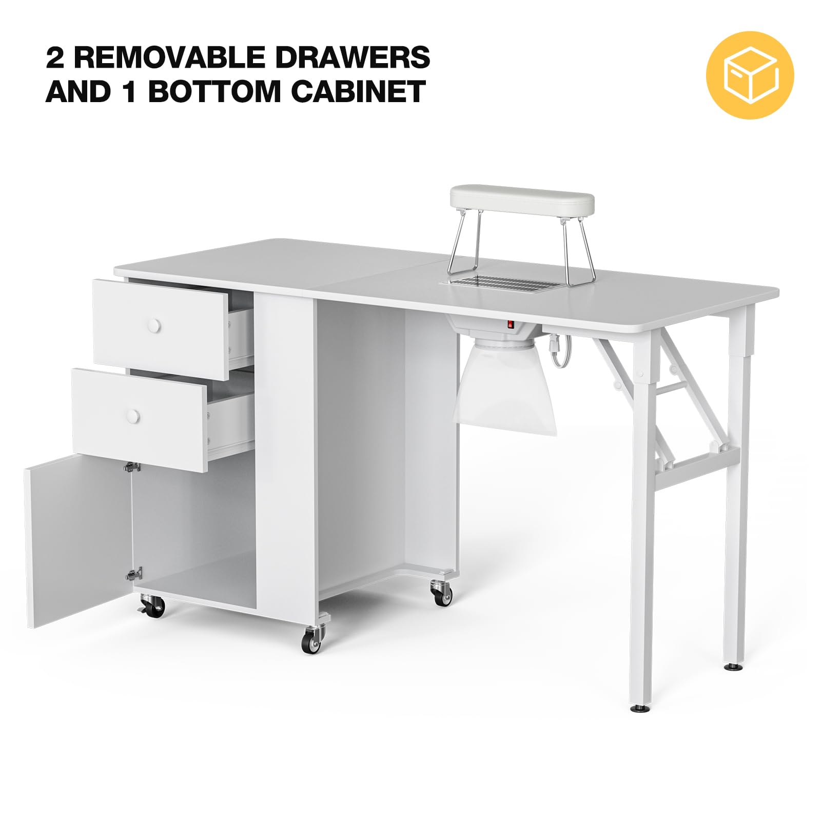 Foldable Manicure Table with Built-in Dust Collector - Adjustable Nail Desk for Professionals | Portable Rolling Nail Station with Wrist Support & Lockable Wheels | Perfect for Home Salons & Mobile Nail Technicians (White)