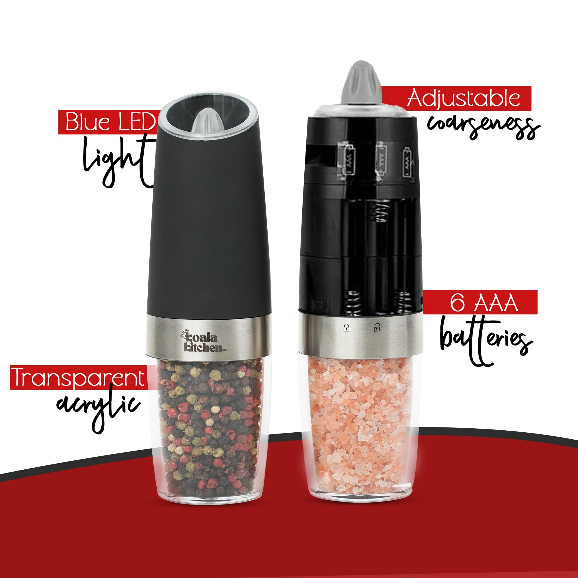 Premium Stainless Steel Electric Salt and Pepper Grinder Set - Adjustable Coarseness, Battery Operated with Blue Light - 2 Pack (Black) for Kitchen, Dining Table, Camping & Gifts