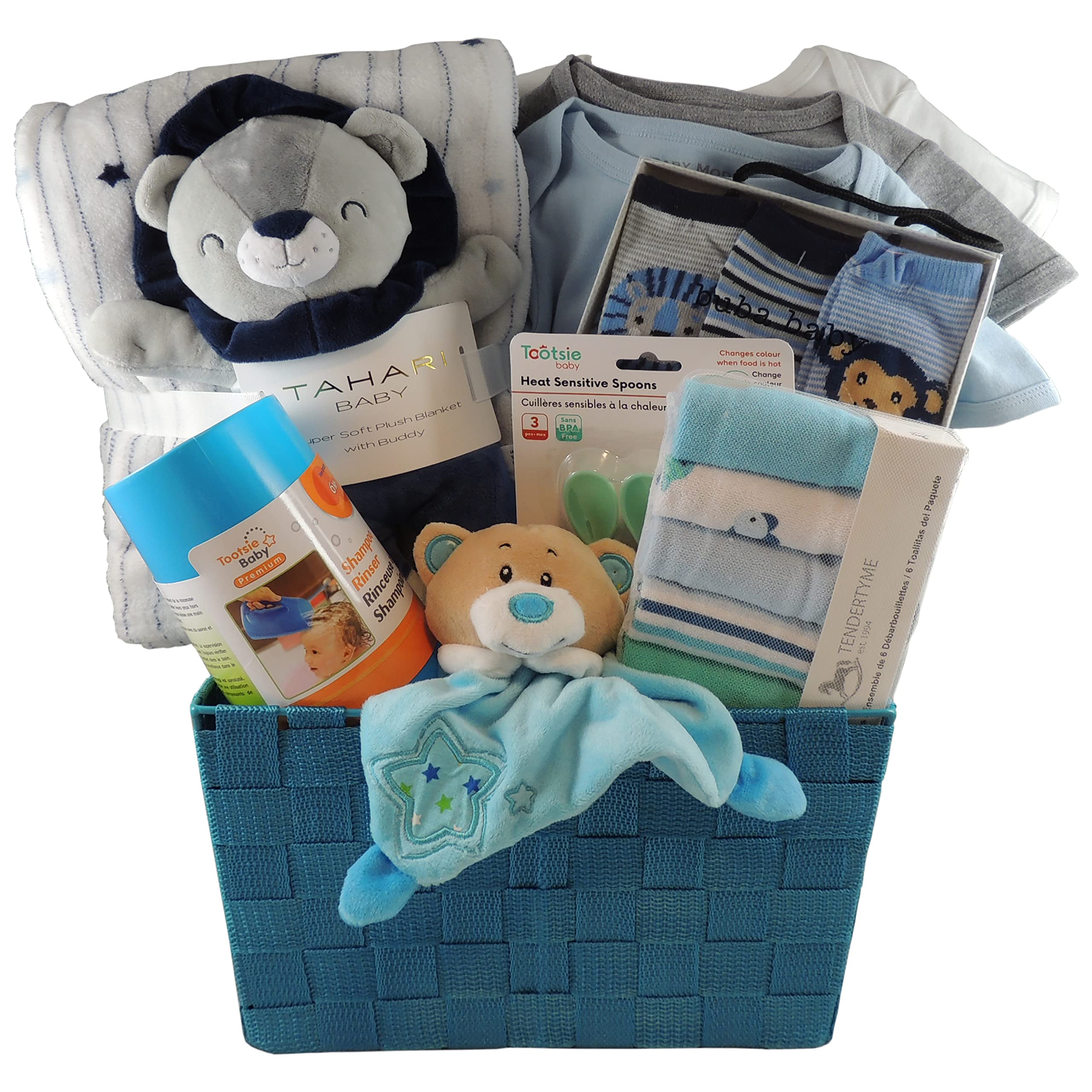 Ornella's Baskets Baby Boy Gift Set - Premium Tahari Blanket, 3 Adorable Onesies & More | Newborn Essentials, Baby Shower Present, Christening Gift