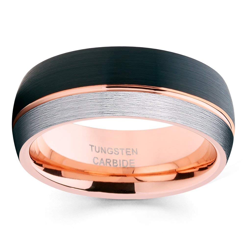 Rose Gold Tungsten Wedding Band for Men & Women - 8mm Black Tungsten Comfort Fit Ring with 18k Rose Gold Brushed Finish - Perfect for Anniversaries, Engagements, and Everyday Wear