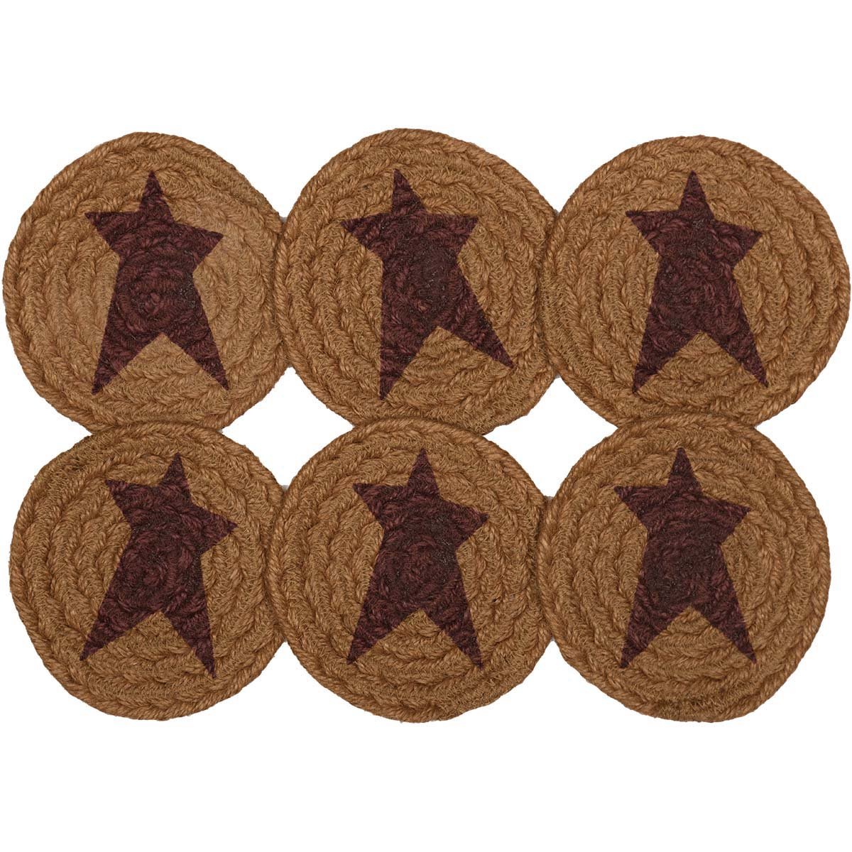 Heritage Farms Star Jute Coaster Set of 6 - Rustic Primitive Patchwork Kitchen Decor, Natural Tan - Perfect for Farmhouse, Country & Boho Style Home Decor, Coffee Table & Dining Table Protection