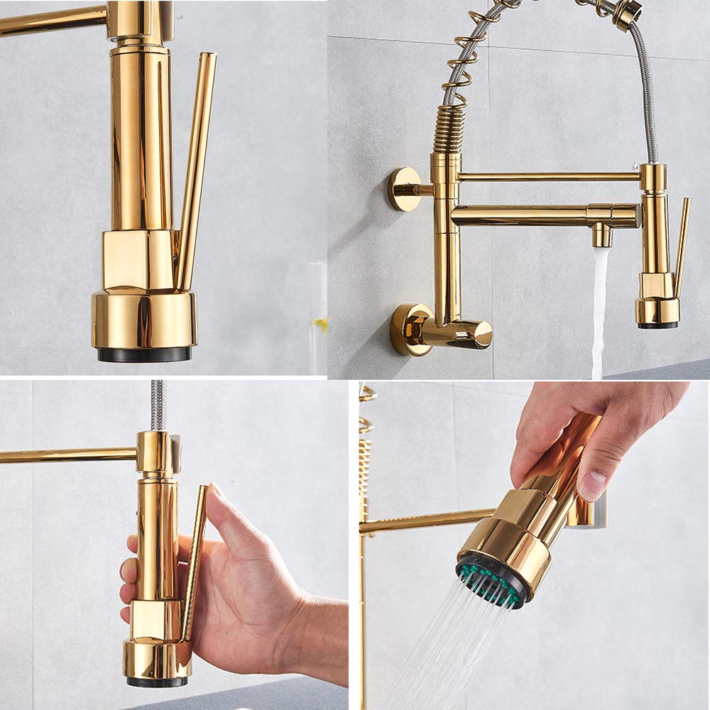 Brass Wall Mounted Single Handle Pull Down Kitchen Sink Faucet - 2 Function Cold Water Mixer Tap in Gold for Modern and Compact Kitchens
