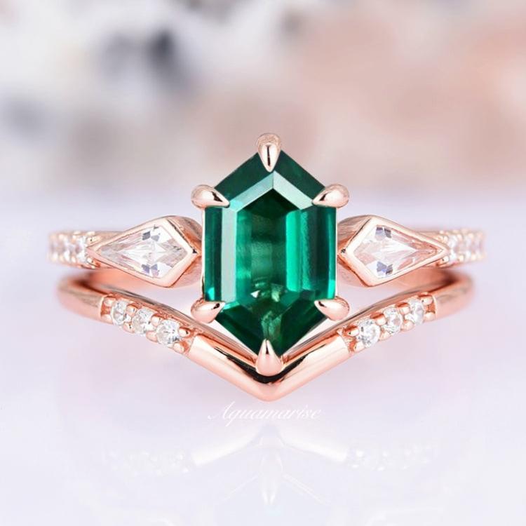 Hexagon Emerald Ring Set - 14K Rose Gold Vermeil Stackable Rings for Women, Elegant Jewelry Gift for Her, Perfect for Weddings, Anniversaries & Special Occasions