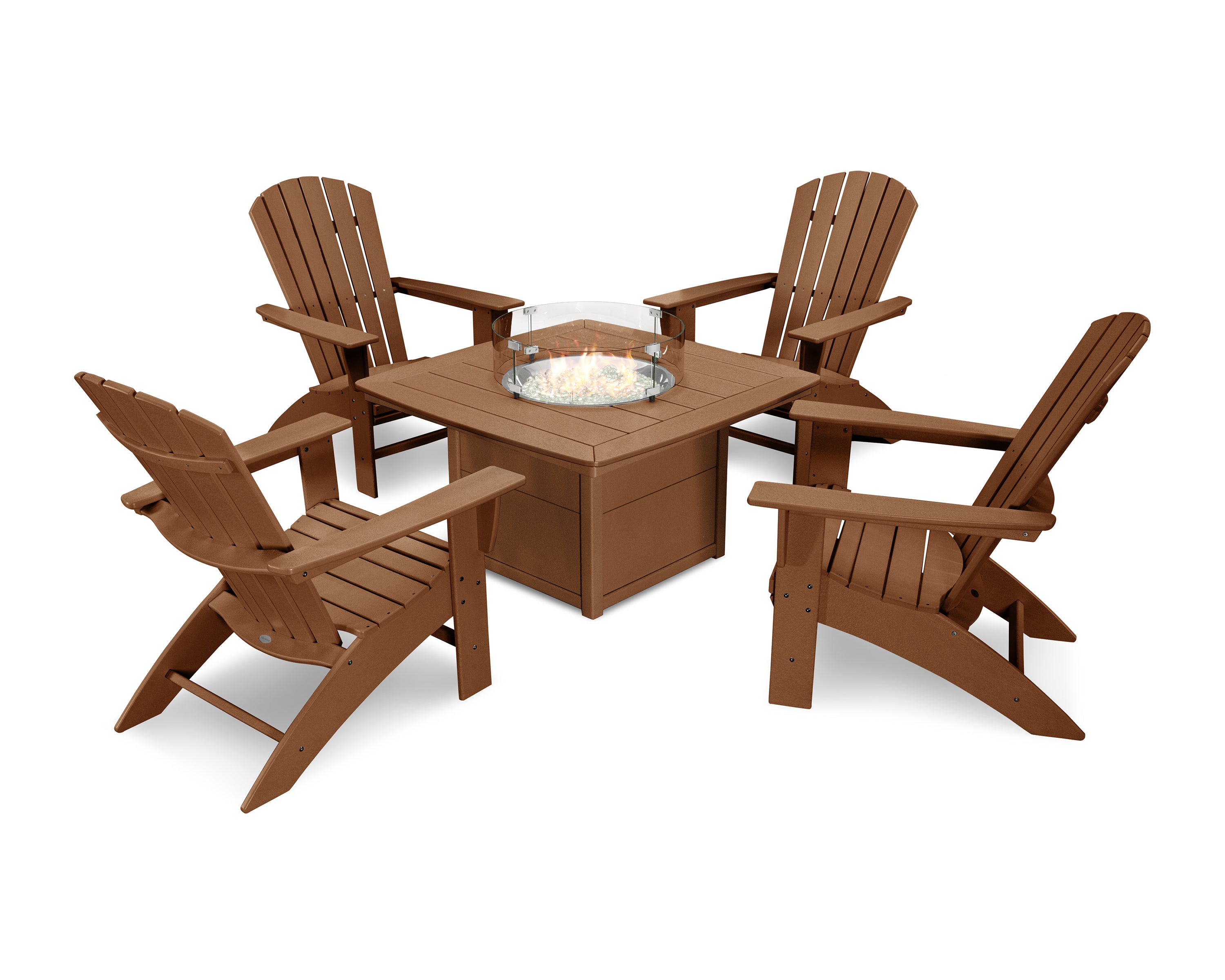 POLYWOOD Nautical Curveback Adirondack 5-Piece Outdoor Conversation Set with Fire Pit Table - Perfect for Patio, Deck, Poolside & Backyard Relaxation