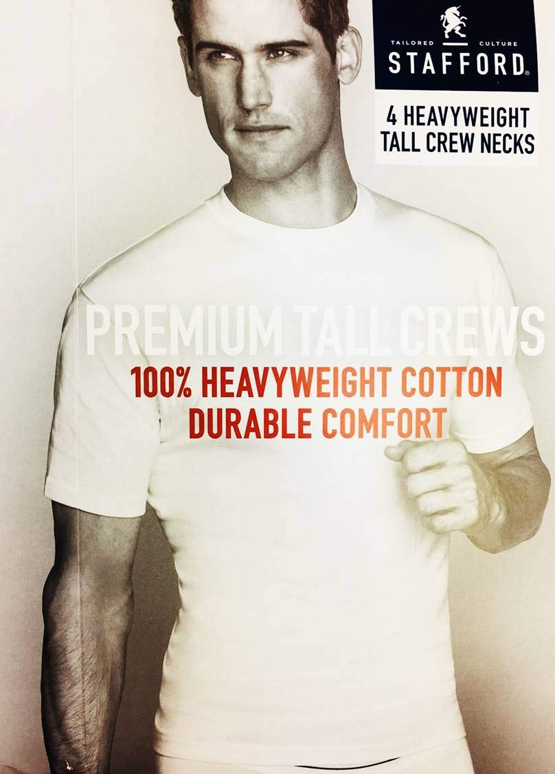 Stafford Men's 100% Heavy Weight Cotton Crew Neck Undershirt - White Short Sleeve 4-Pack (XXLT) | Tall & Extra Tall Comfort Fit | Moisture-Wicking Base Layer for Work & Casual Wear