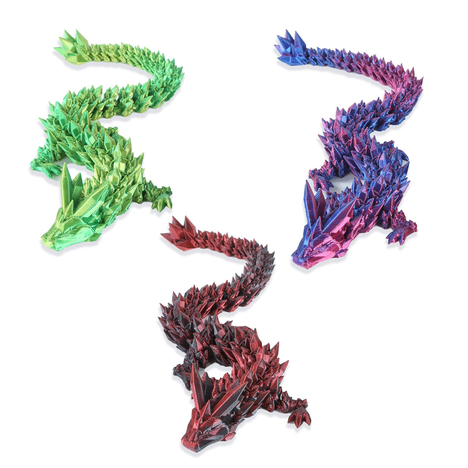 3Pcs 12in 3D Printed Dragon Toys - Flexible Articulated Crystal Dragon Fidget Toys for Kids & Adults with Autism/ADHD - Unique Home & Office Desk Decor for Stress Relief & Focus Enhancement