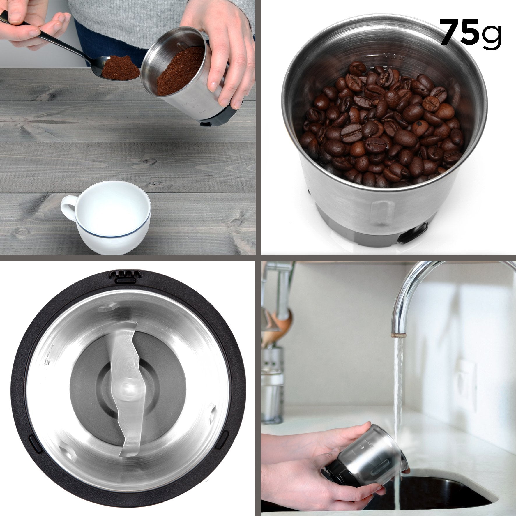 Duronic CG250 Electric Coffee Grinder - Stainless Steel Blade Grinder for Coffee Beans, Nuts, Spices & Seeds | Fast & Quiet Mini Mill with Removable Bowl | Perfect for Home, Office & Coffee Shops