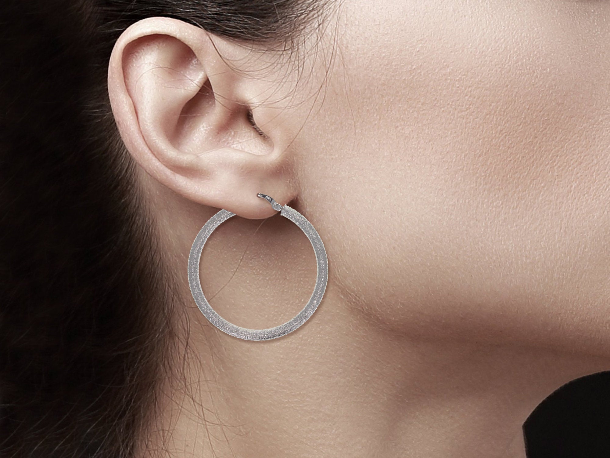 14K White Gold Sand Textured Hoop Earrings - 34mm & 40mm Size Options - Perfect for Everyday Wear, Date Nights & Special Occasions