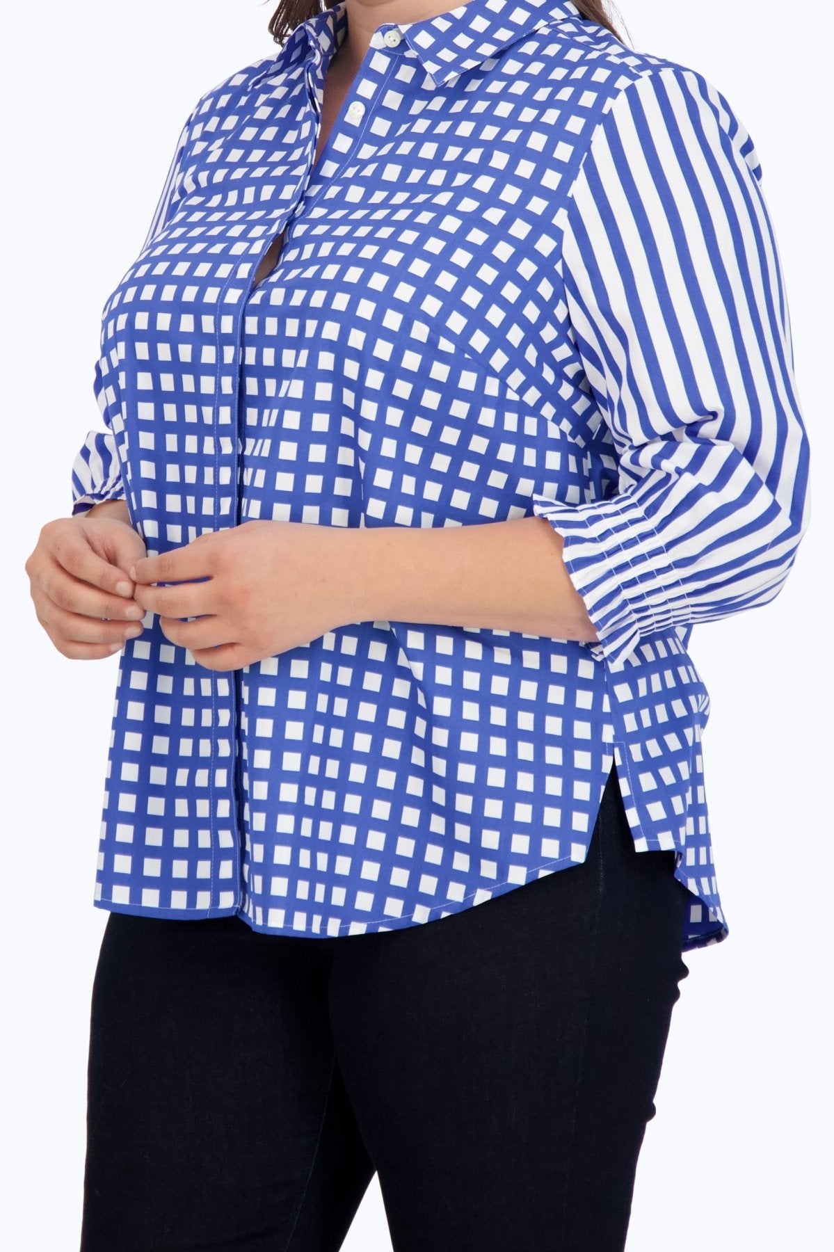 Olivia Plus Gingham Stripe Combo 3/4 Sleeve Shirt for Women - Stylish Casual Blouse for Office, Date Night & Summer Outfits