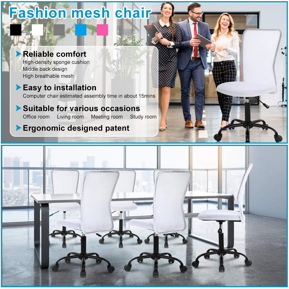 Ergonomic Home Office Chair - Adjustable Height Mid Back Mesh Computer Desk Chair for Students & Professionals - Modern No Armrest Rolling Swivel Task Chair (White) - Perfect for Small Offices, Gaming & Remote Work