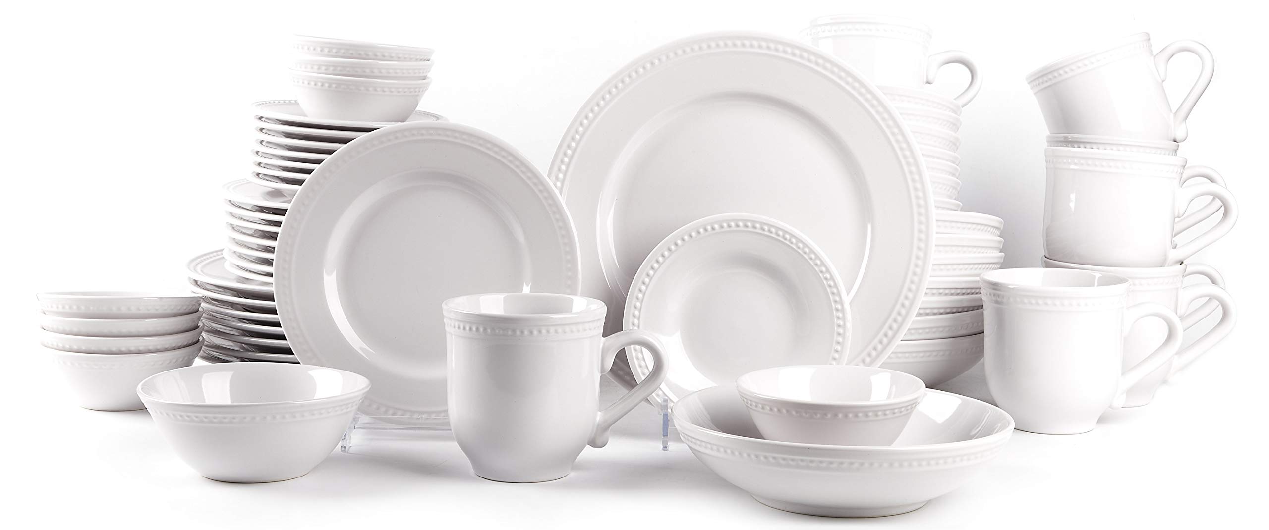 Pearl Dots Stoneware Dinnerware Set - 56 Piece White Porcelain Dinnerware Set for Family & Guests | Elegant Tableware for Everyday Use, Dinner Parties & Special Occasions