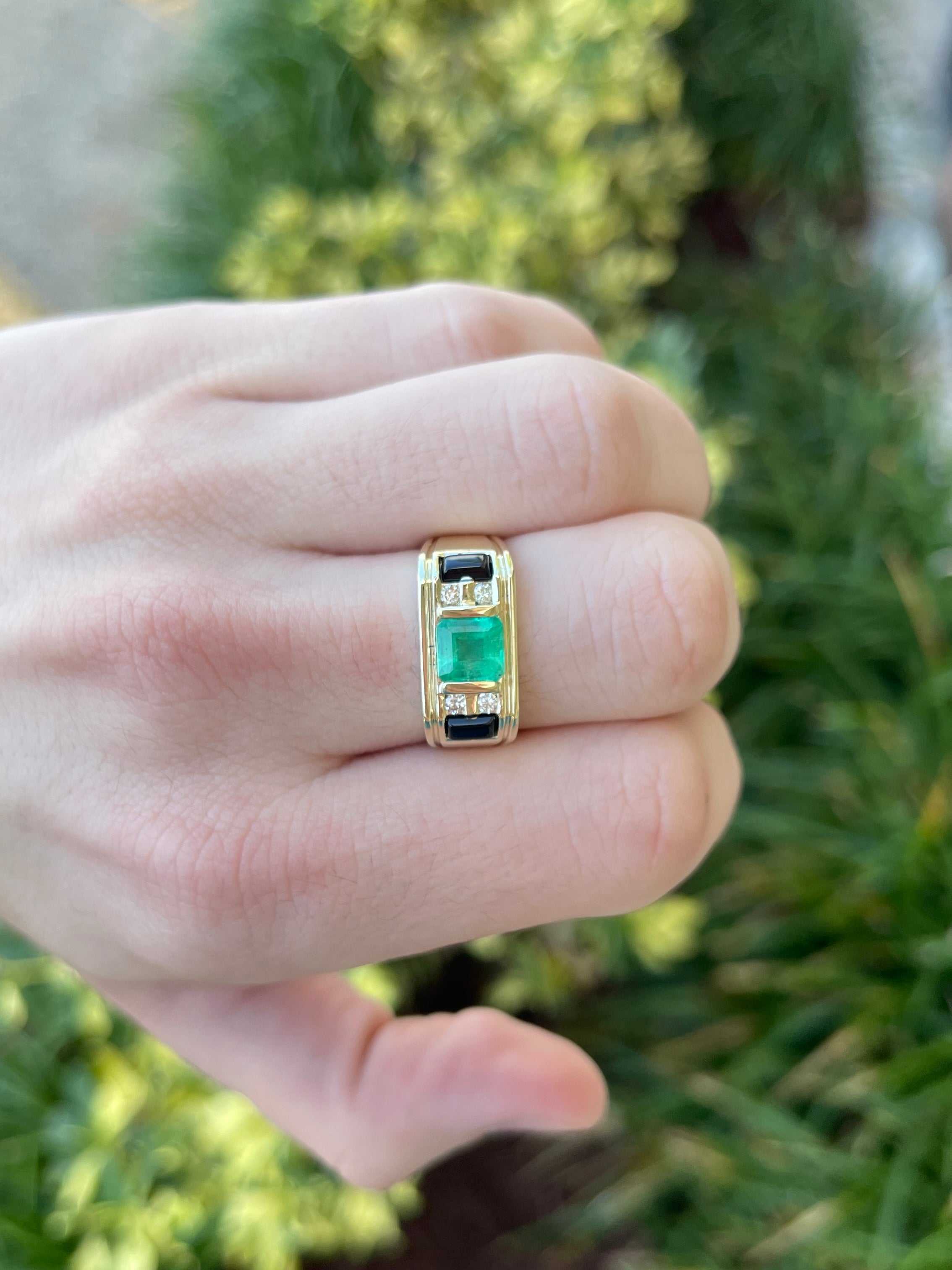 3.07 TCW Natural Colombian Emerald & Black Onyx Diamond Ring for Men in 14K Gold - Perfect for Weddings, Anniversaries & Special Occasions