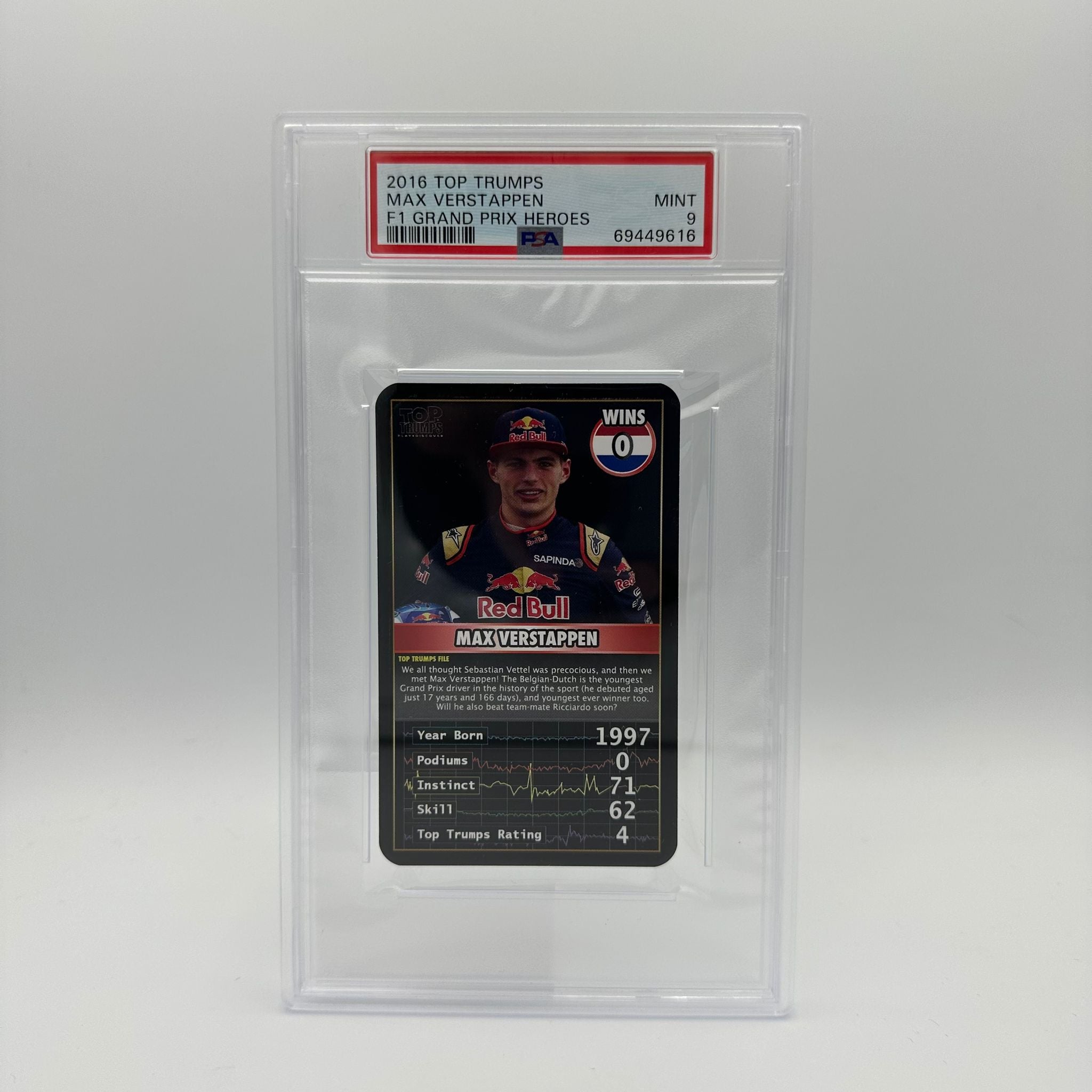 PSA 9 Graded Max Verstappen 2016 Grand Prix Heroes Rookie Card - 0 Wins - Top Trumps Collectible for F1 Racing Fans & Sports Memorabilia Enthusiasts