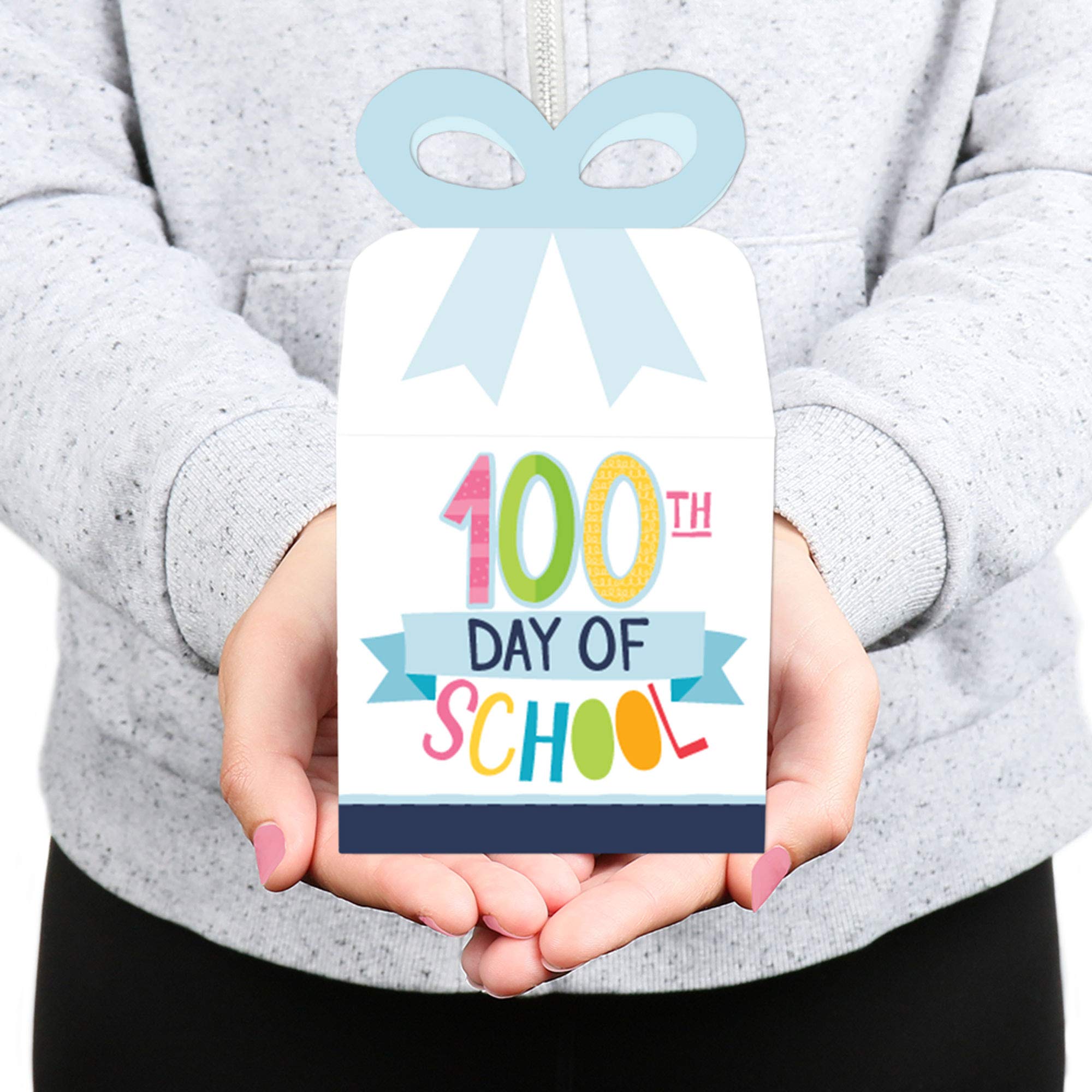 Happy 100th Day of School Square Favor Gift Boxes - Set of 12 Colorful Party Bow Boxes for 100 Days Celebration - Perfect for Classroom Rewards, School Milestones & Teacher Appreciation Gifts