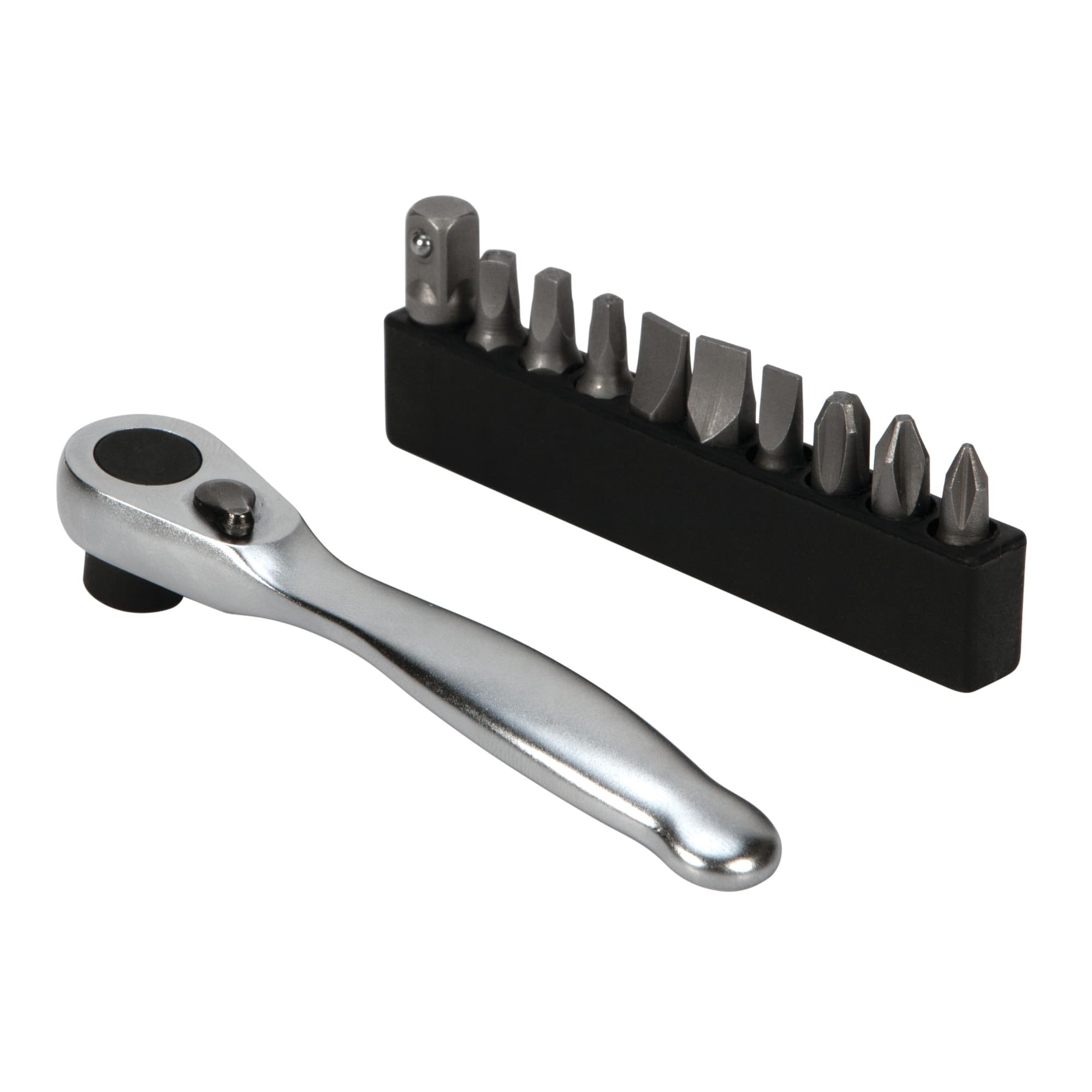 Performance Tool W475 1/4-Inch Drive Compact Dual-Drive Ratchet with 10-Piece Bit Set & Holder - Chrome Vanadium Steel, 72-Tooth Gear for Automotive Repair & DIY Projects