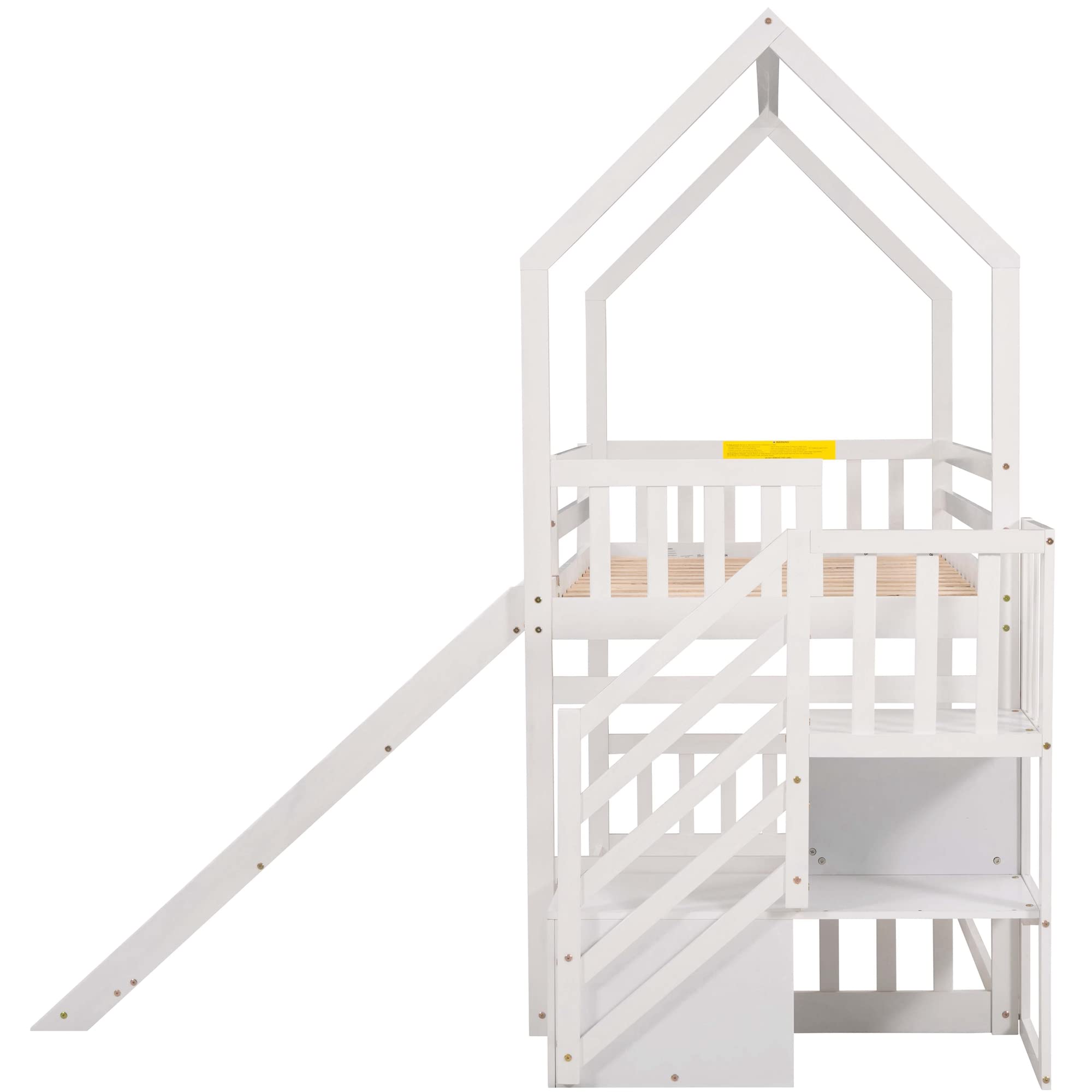 Goohome Twin Over Twin Wooden Bunk Bed with Convertible Slide & Storage Staircase - Low Loft Bed with Roof, Guard Rails & Wooden Frame for Kids, Teens - Perfect for Small Bedrooms, Shared Kids Rooms & Space-Saving Sleep Solutions