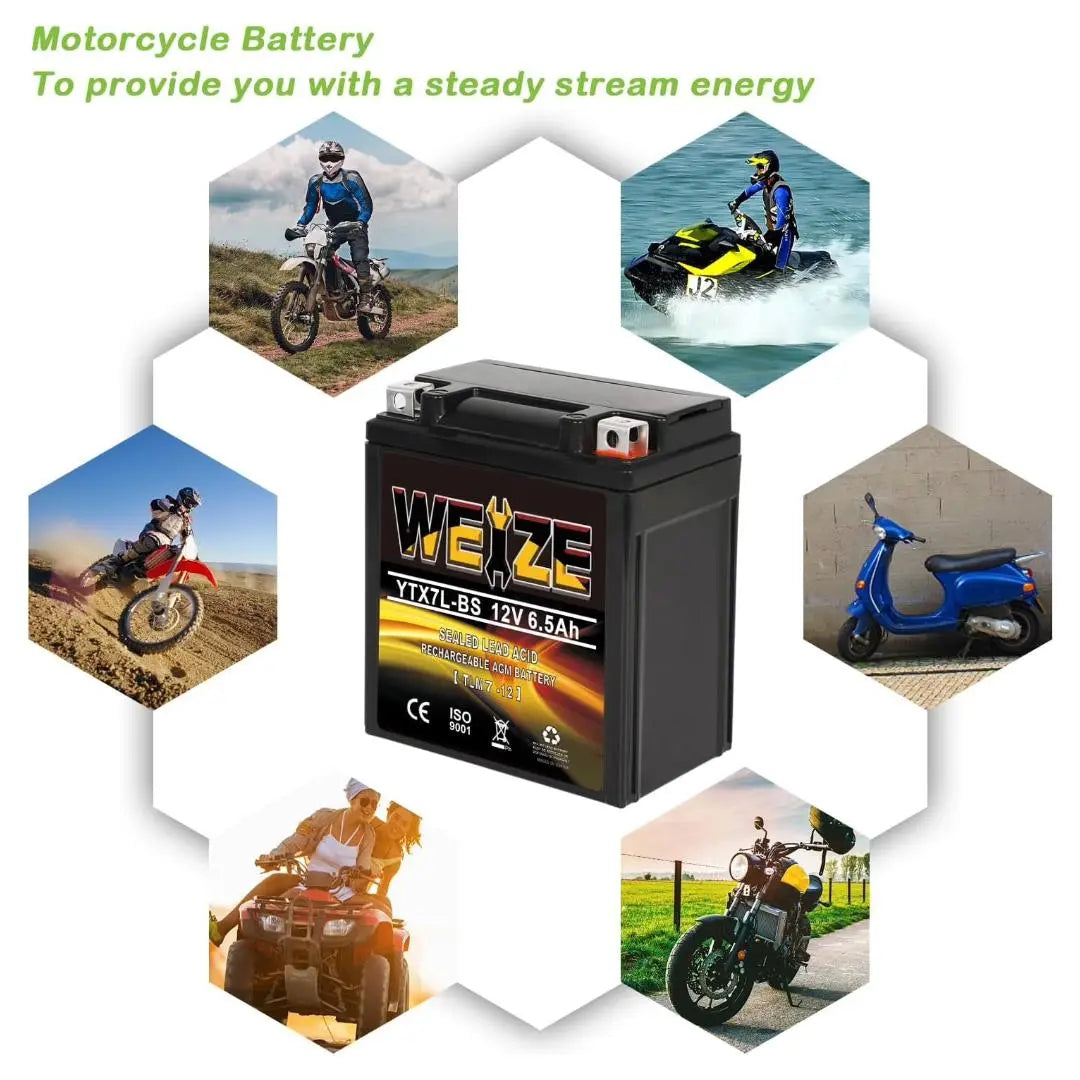 WEIZE YTX7L-BS 12V 6.5Ah High Performance AGM Battery - Maintenance Free, Sealed, 100CCA - Compatible with Honda, Kawasaki, Suzuki ATV & Motorcycles - Perfect for Off-Road, Powersports & Outdoor Adventures