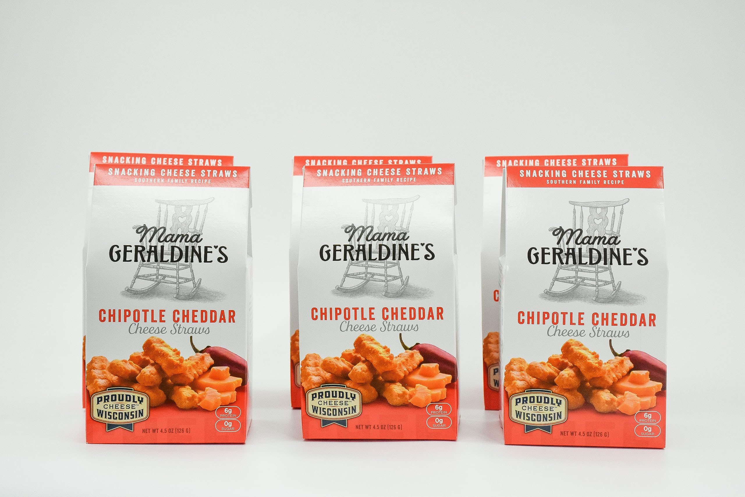 Mama Geraldine's Chipotle Cheese Straws - 4.5 oz Box (6 Pack) - Spicy & Savory Baked Cheese Snacks for Parties, Game Nights & Office Snacking - Gluten-Free Crunchy Cheese Sticks