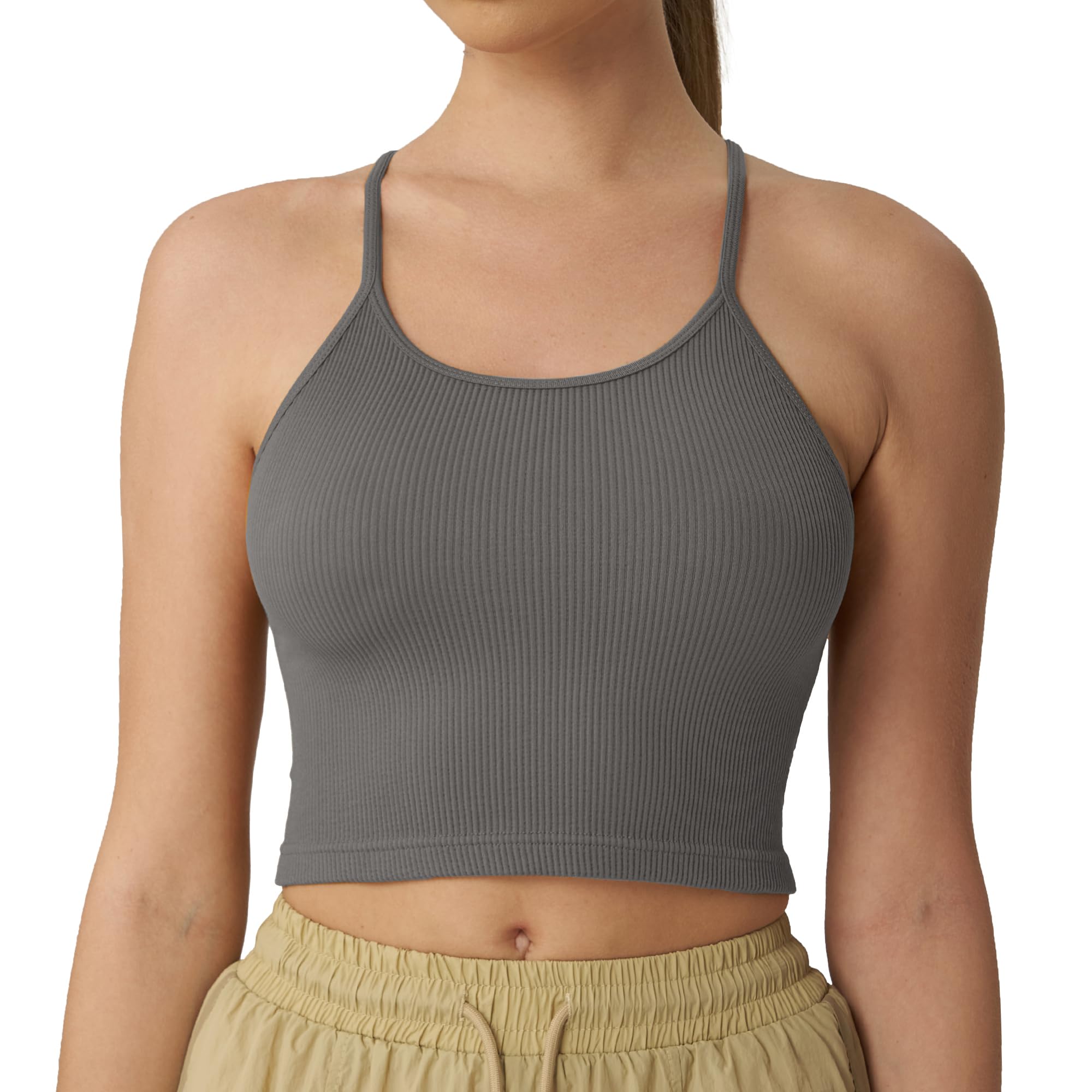 Attifall Women's Ribbed Crop Tank Top Pack - Seamless Racerback Spaghetti Strap Cami for Workout, Yoga & Casual Wear - 3-Piece Sports Bra & Cropped Top Set