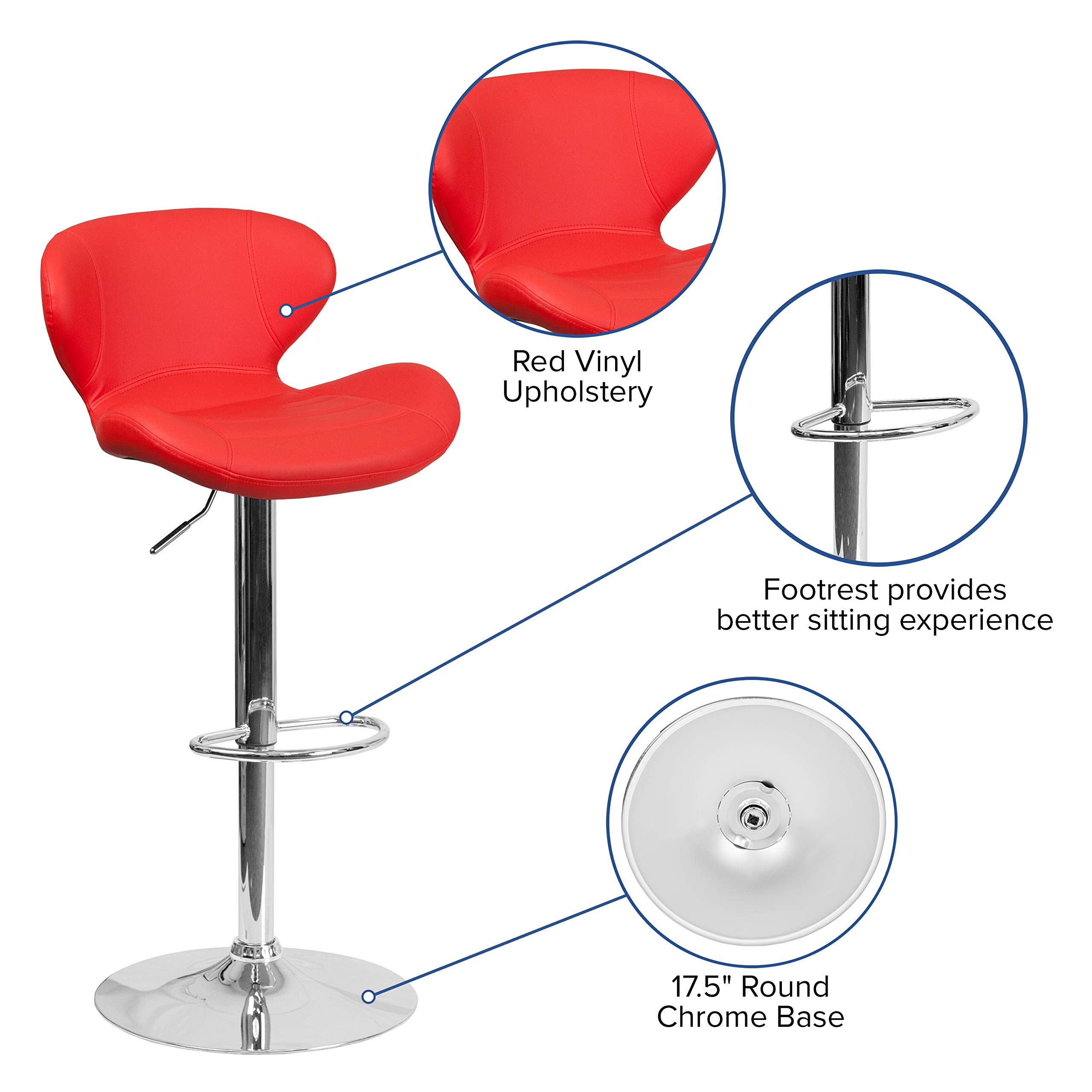 Adjustable Height Red Vinyl Bar Stool with Curved Back - Perfect for Kitchen Islands, Breakfast Bars & Home Decor
