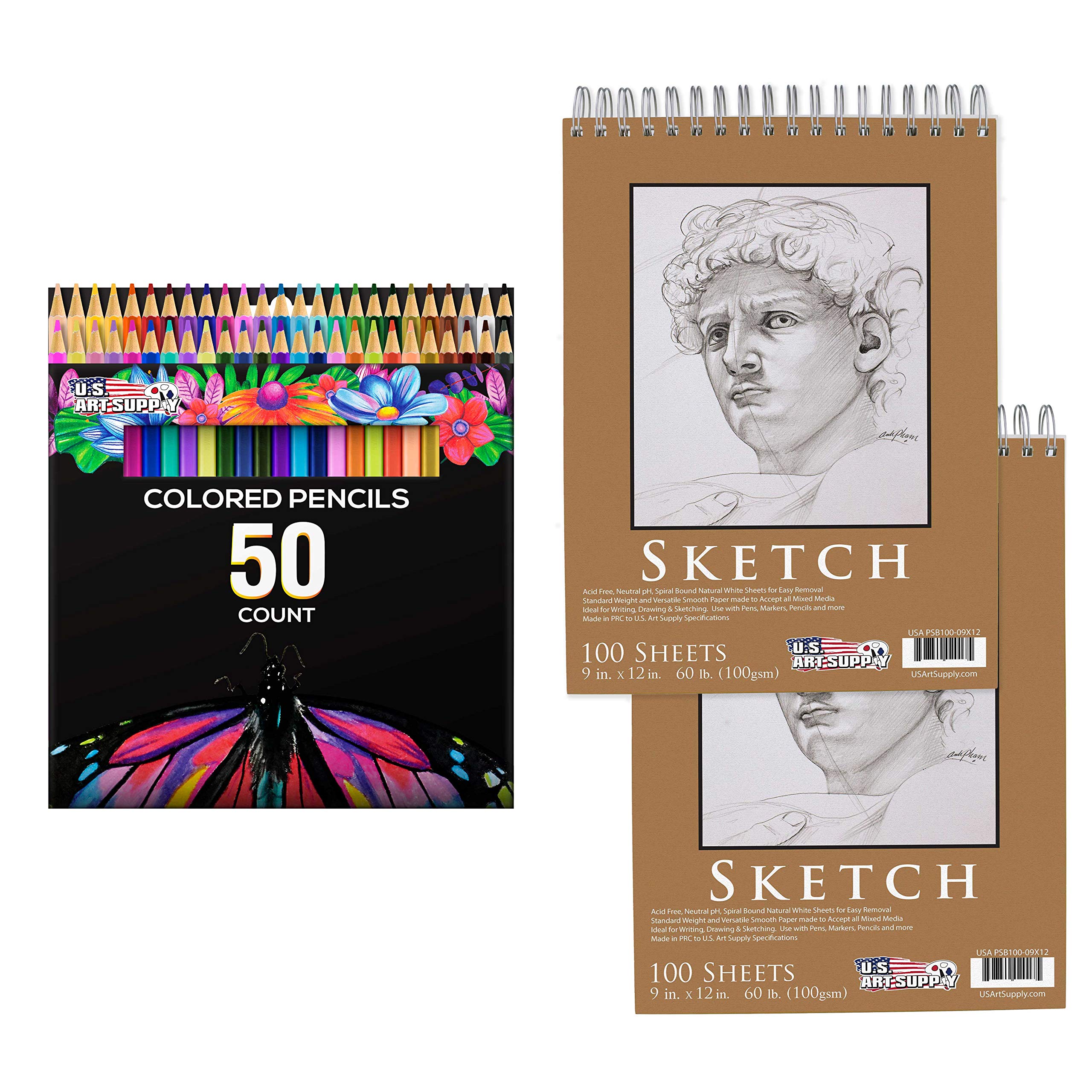 US Art Supply 50-Piece Artist Grade Colored Pencils Set with 2 Premium 9