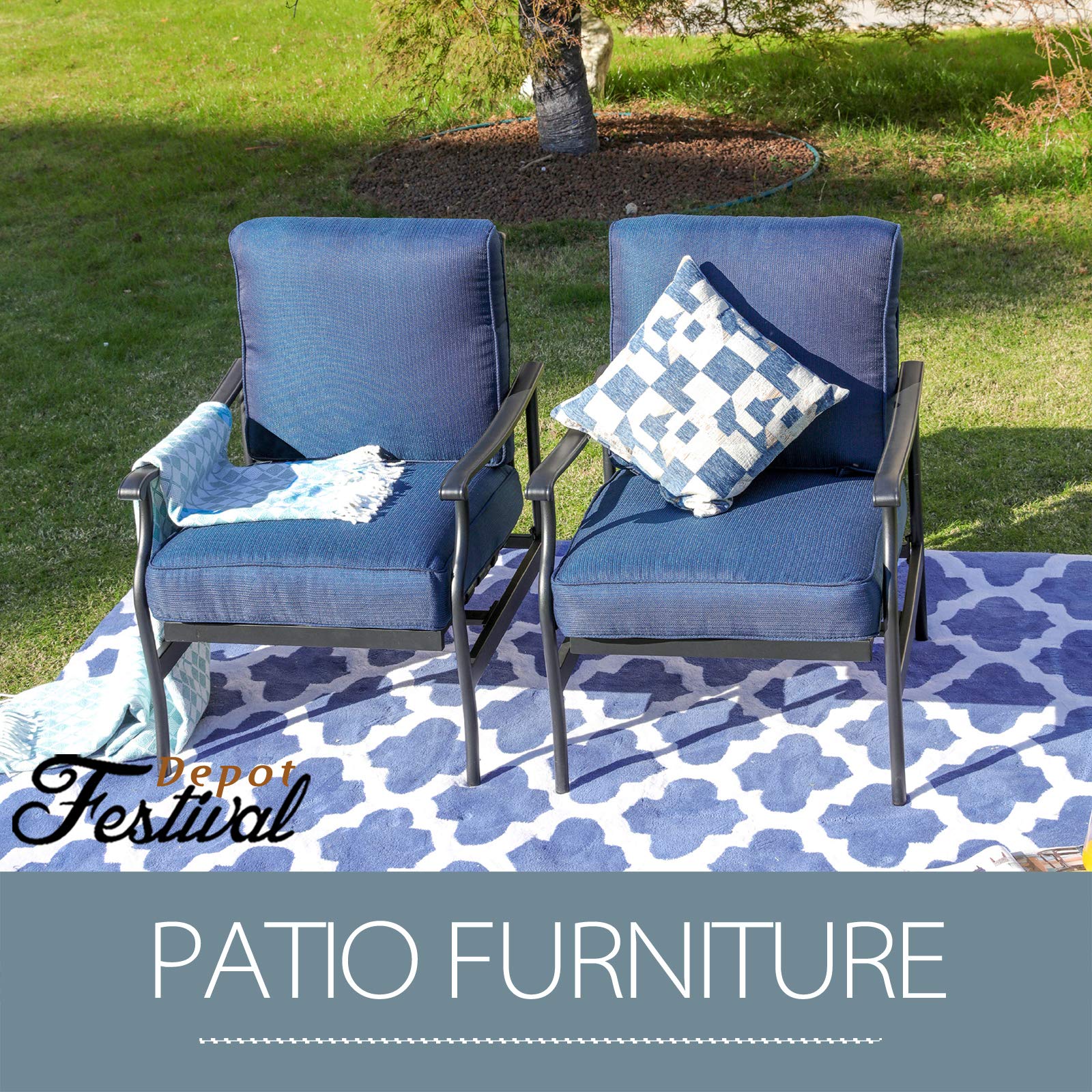 Festival Depot 2-Piece Patio Dining Set - Thick Cushioned Metal Frame Outdoor Chairs for Bistro, Deck & Garden - Weather-Resistant Blue Outdoor Furniture (Perfect for Backyard BBQs, Poolside Relaxation & Outdoor Dining)