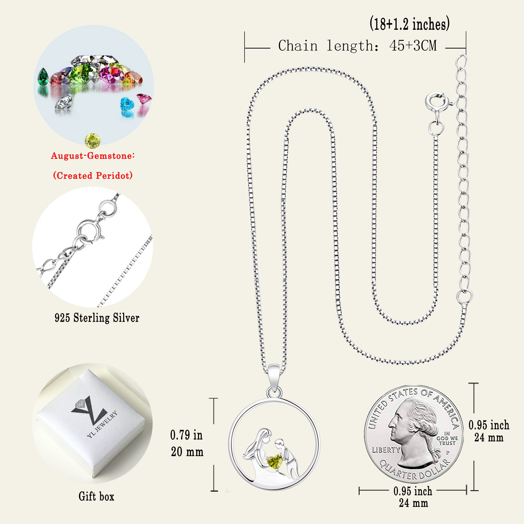 YL Women's Mother Necklace - 925 Sterling Silver Round Mum Pendant with Birthstone - Elegant Jewelry Gift for Mom, Grandma, Wife - Perfect for Mother's Day, Birthday & Anniversary Celebrations