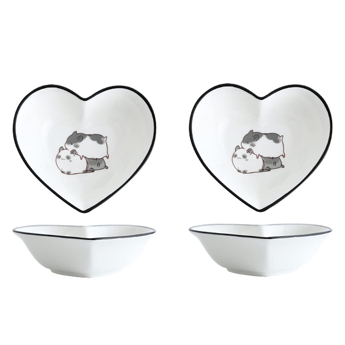 Bicuzat Set of 2 Cute Grey Cat Pattern Ceramic Bowls - 5 Inch Heart Shaped Dessert Bowl, Salad Bowl & Jewelry Dish for Home Decor, Party Serving & Gift Giving