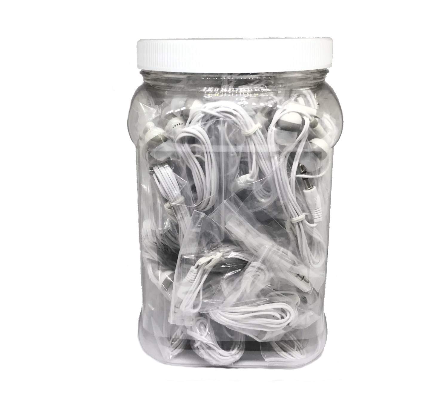 TFD Supplies Bulk 50 Pack White/Gray Earbuds Headphones with Storage Tub - Wholesale Disposable Earphones for Schools, Gyms, Events & Travel