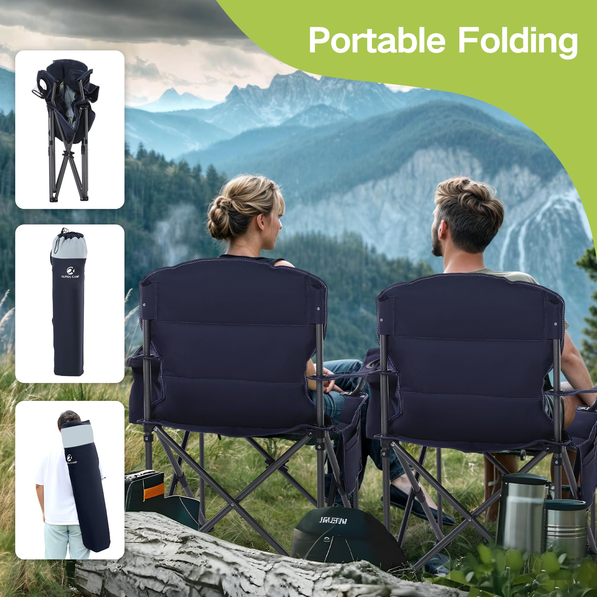 GREEN PARTY Heavy Duty Folding Camping Chair with Cooler Bag - Oversized Padded Outdoor Armchair with Cup Holder & Storage Pocket - Portable Collapsible Lawn Chair for Backyard, Beach, Picnic & Tailgating