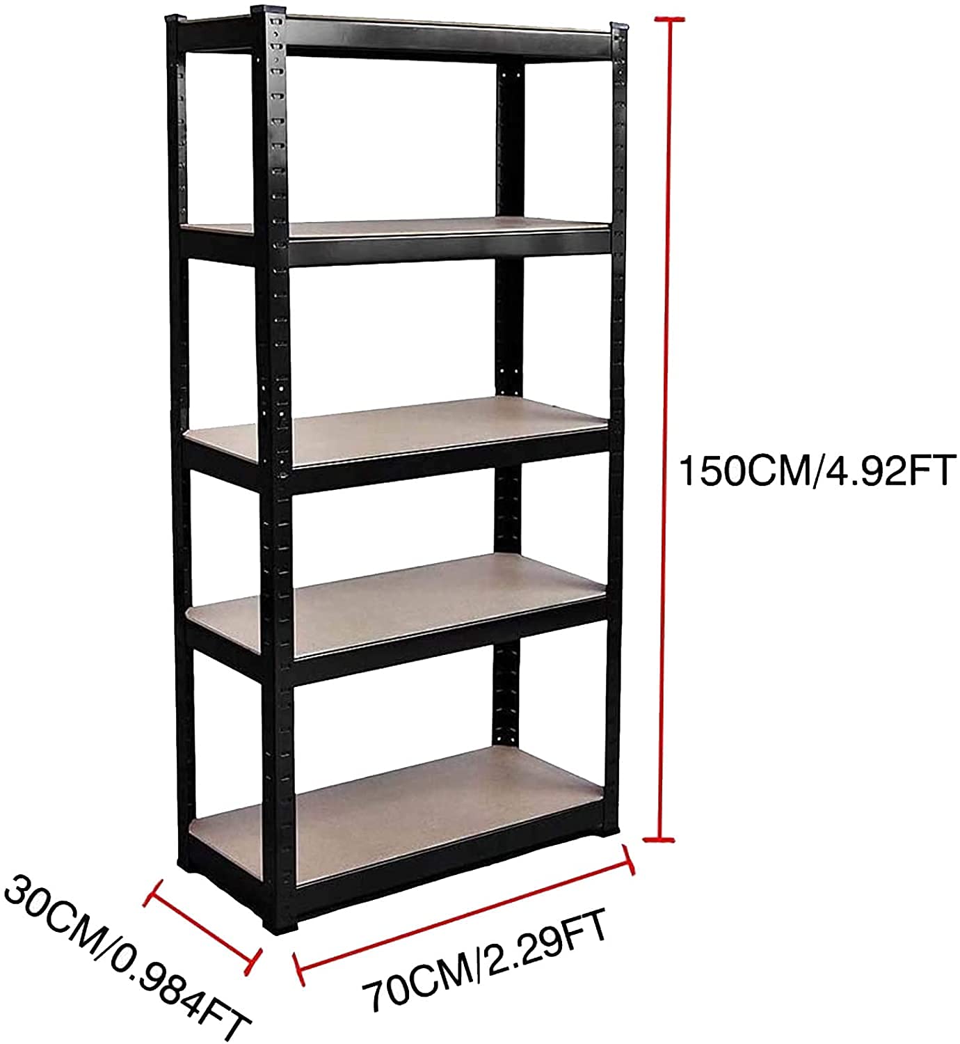 5-Tier Heavy Duty Boltless Metal Shelving Unit - 150x70x30cm Freestanding Storage Rack for Garage, Warehouse & Home Organization - Adjustable Steel Shelves in Black | Perfect for Storing Tools, Boxes & Household Items