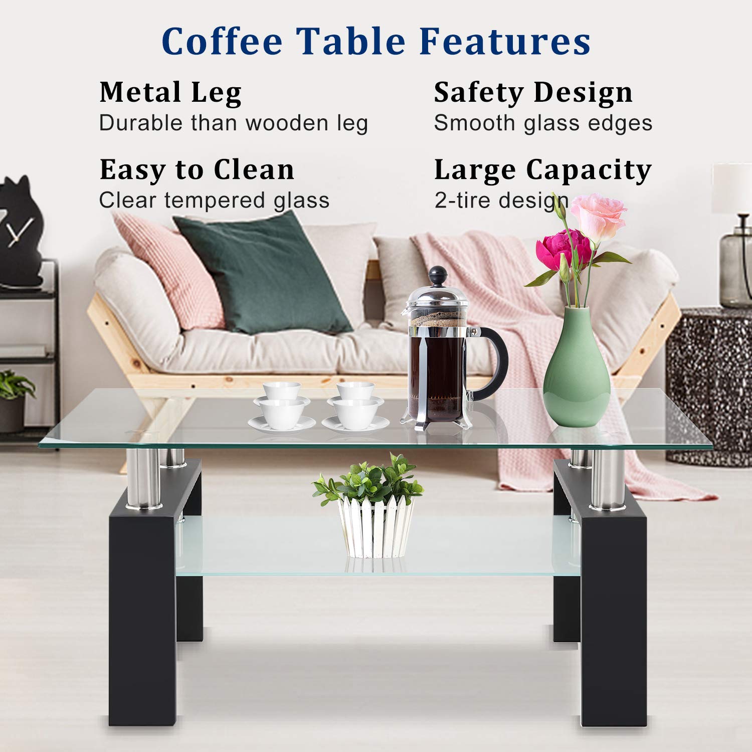 Premium Tempered Glass Coffee Table with Black Metal Legs - Modern Rectangle Center Table for Living Room with Lower Storage Shelf | Stylish & Durable Home Furniture for Small Spaces, Apartments, and Lounge Areas