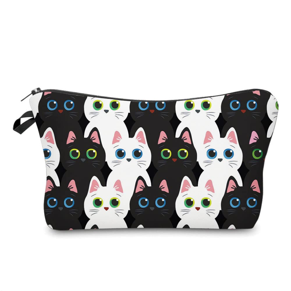 Black and White Cat Pattern Waterproof Cosmetic Bag for Women - Travel Makeup Pouch with Zipper, Portable Storage Organizer for Toiletries, Cosmetics, and Travel Essentials