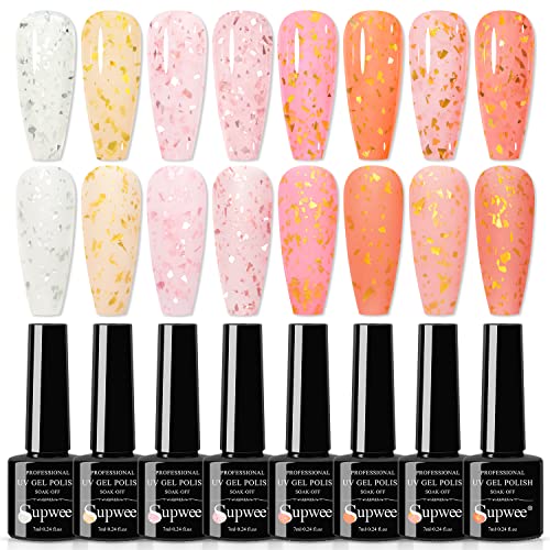 SUPWEE 2-in-1 Glitter Sequin Gel Polish & Rubber Base Coat - Gold Glitter Nail Polish with Jelly Gel Formula - Self-Leveling, Long-Lasting Soak Off UV LED Gel (8 Colors: White, Pink, Yellow, Orange) - Perfect for Salon Quality Manicures, Nail Art Designs & DIY Home Nail Care
