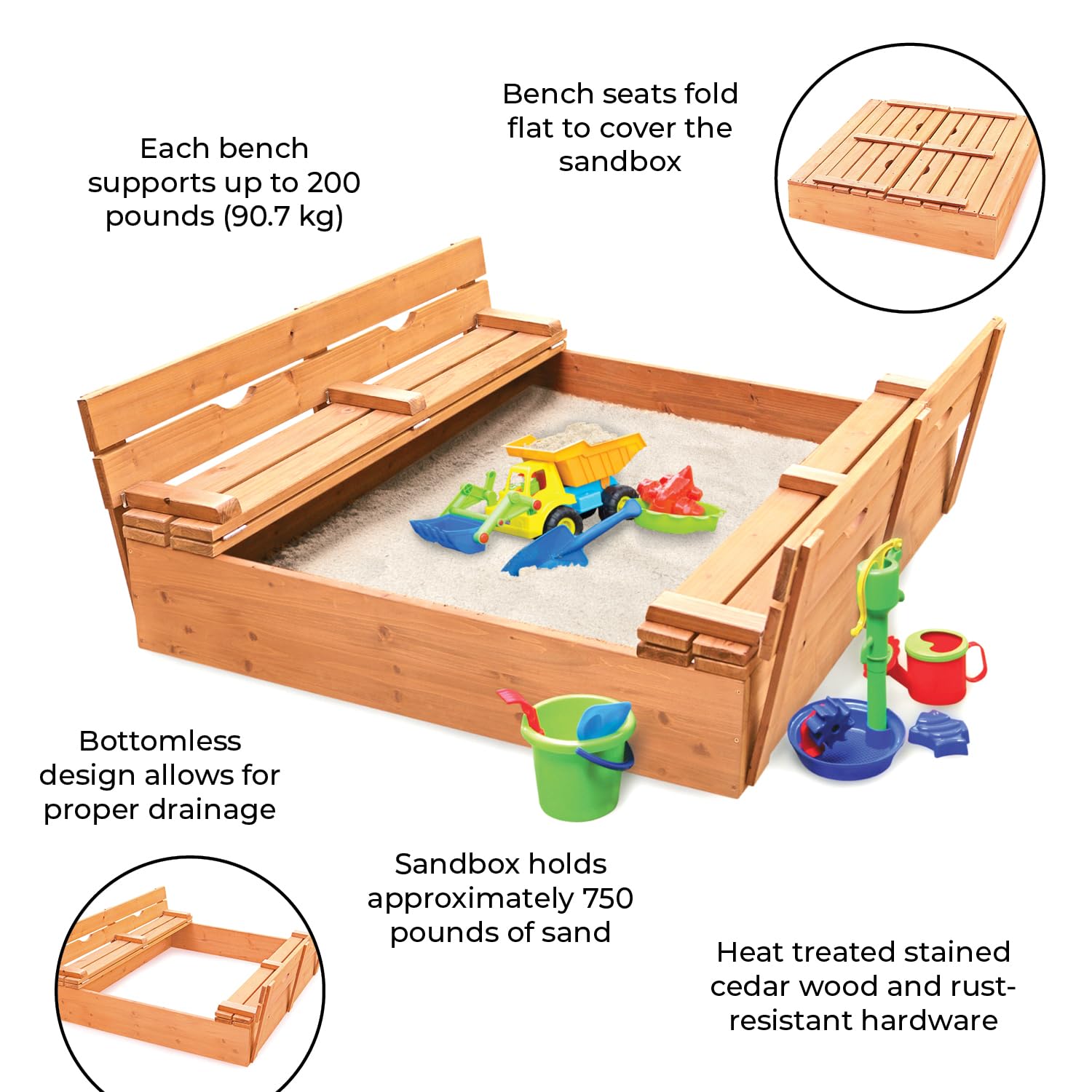 Badger Basket Convertible Cedar Sandbox with Bench Seats & Cover - Natural Wooden Outdoor Play Sand Box for Kids, Toddlers & Children - Perfect for Backyard, Garden & Playground Fun