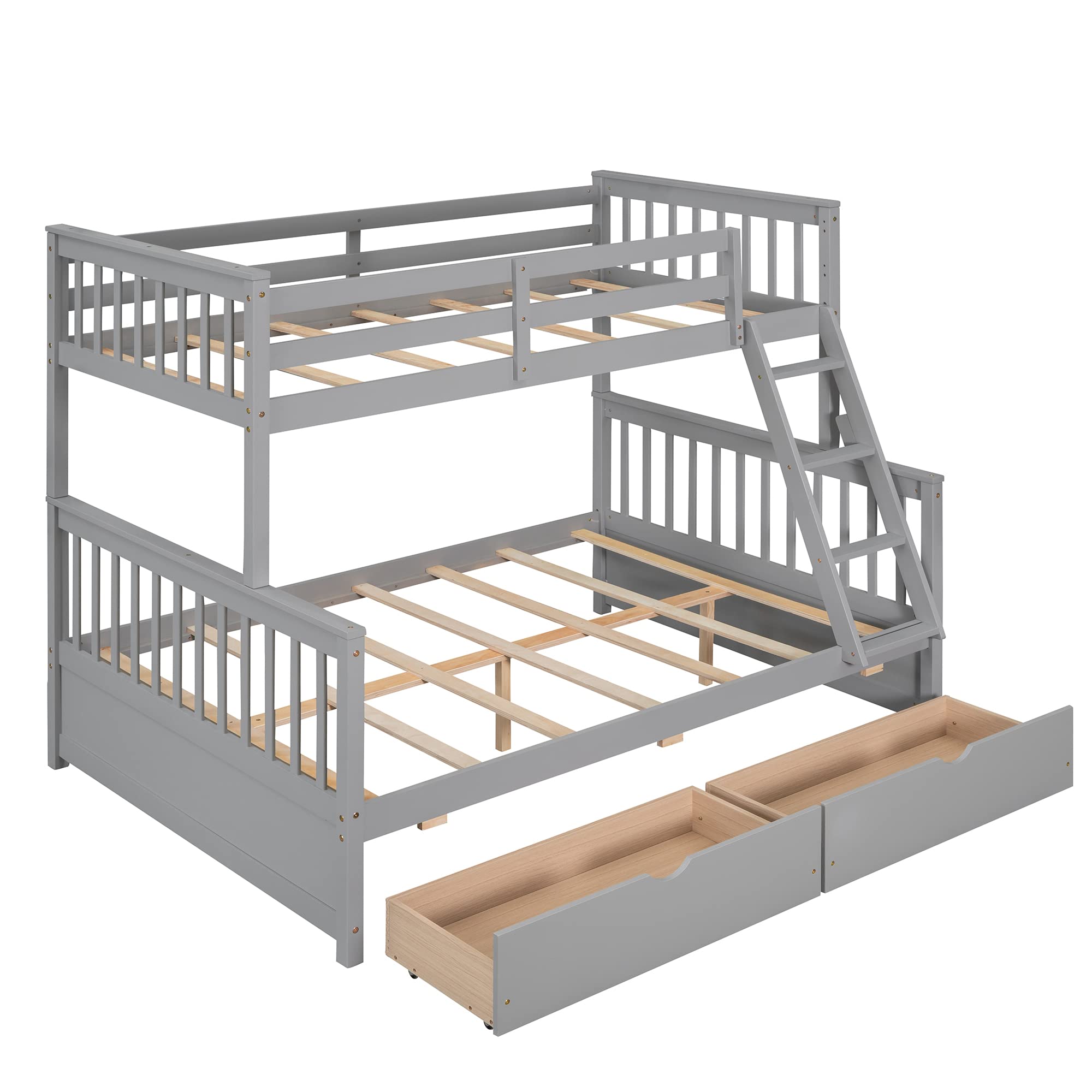 P PURLOVE Twin Over Full Bunk Bed with 2 Storage Drawers, Sturdy Wood Bunk Bed Frame with Ladder, No Box Spring Needed, Space-Saving Gray Bunk Bed - Perfect for Kids' Bedrooms, Guest Rooms & Small Spaces