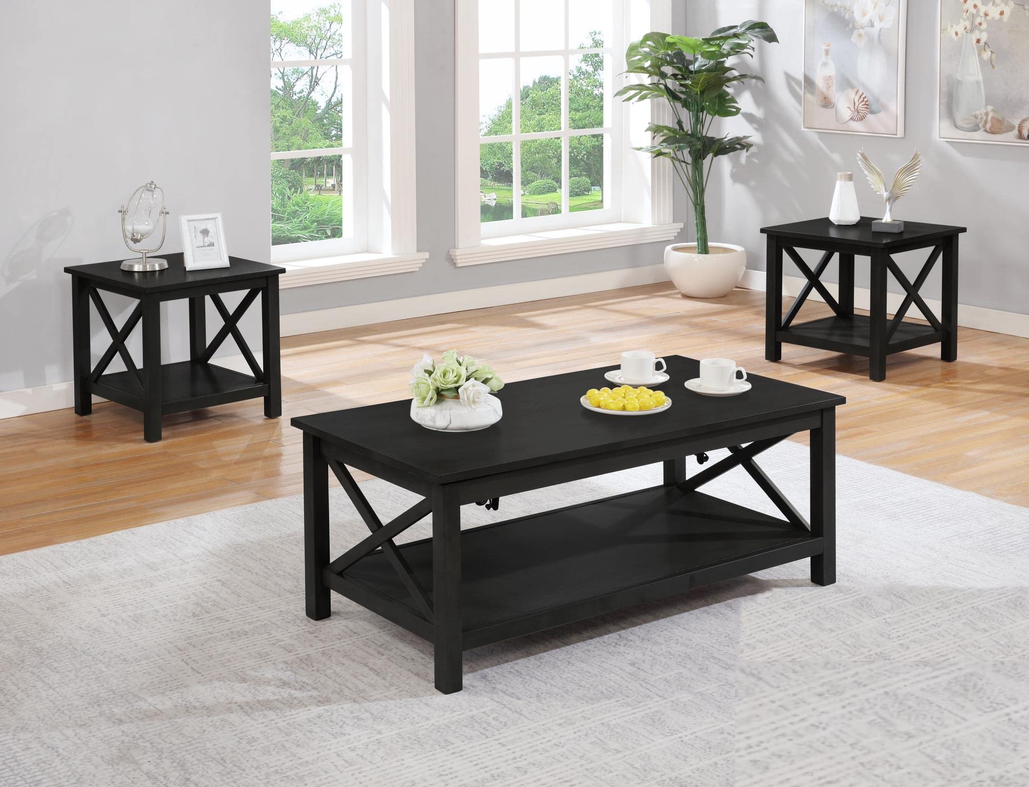 Lift Top Coffee Table and End Table Set - 2-Piece Living Room Furniture with Storage, Modern Black Lift-Top Design for Small Spaces | Perfect for Apartments, Dorms & Home Decor