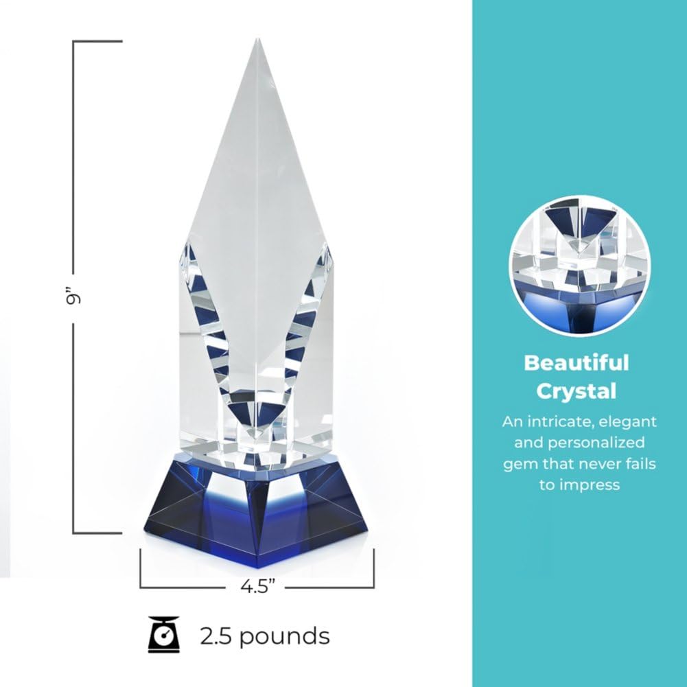 Baudville Custom Engraved Crystal Trophy Award with Blue Highlights - Elegant Black Gift Box Included - Perfect for Employee Recognition, Corporate Awards & Milestone Celebrations