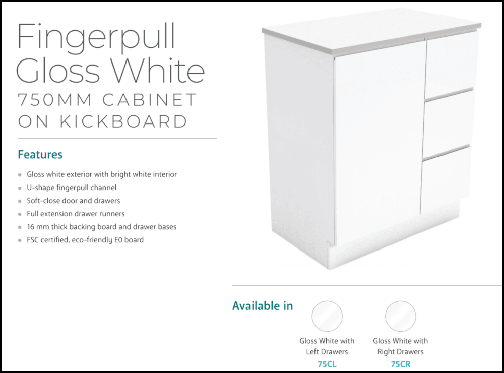 Fienza Dolce TCL75CR 750mm White Fingerpull Vanity with Kickboard - Right Hand Drawers Bathroom Sink Cabinet for Modern Home Decor