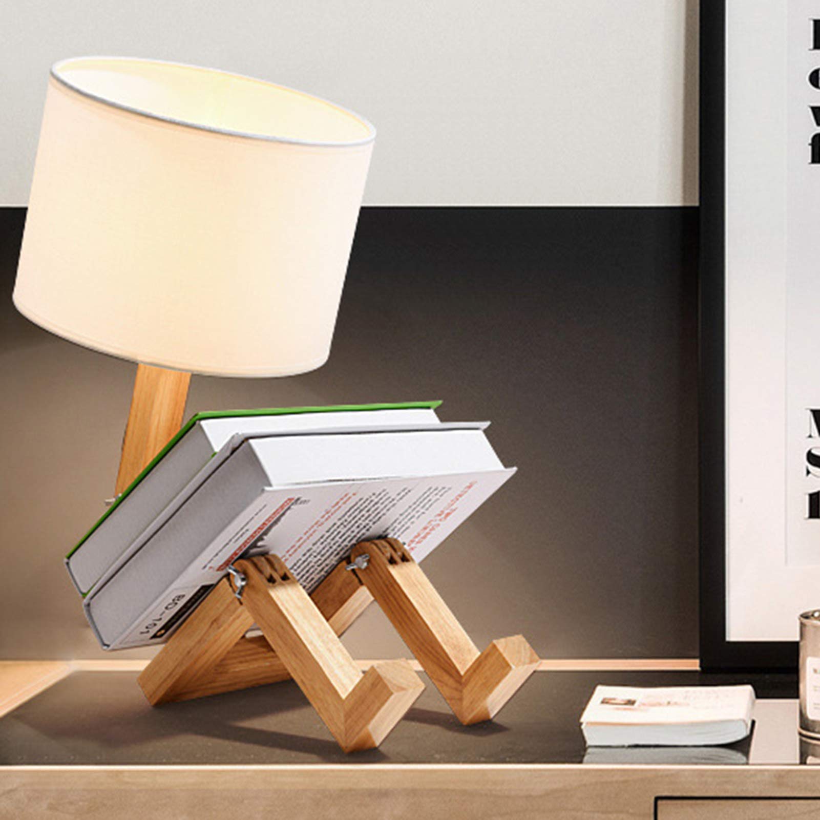 HSART Modern LED Robot Table Lamp - Wooden Creative Desk Lamp for Bedroom, Office & Study - Adjustable Brightness Night Light for Kids & Adults - Perfect for Reading, Working & Bedside Decor