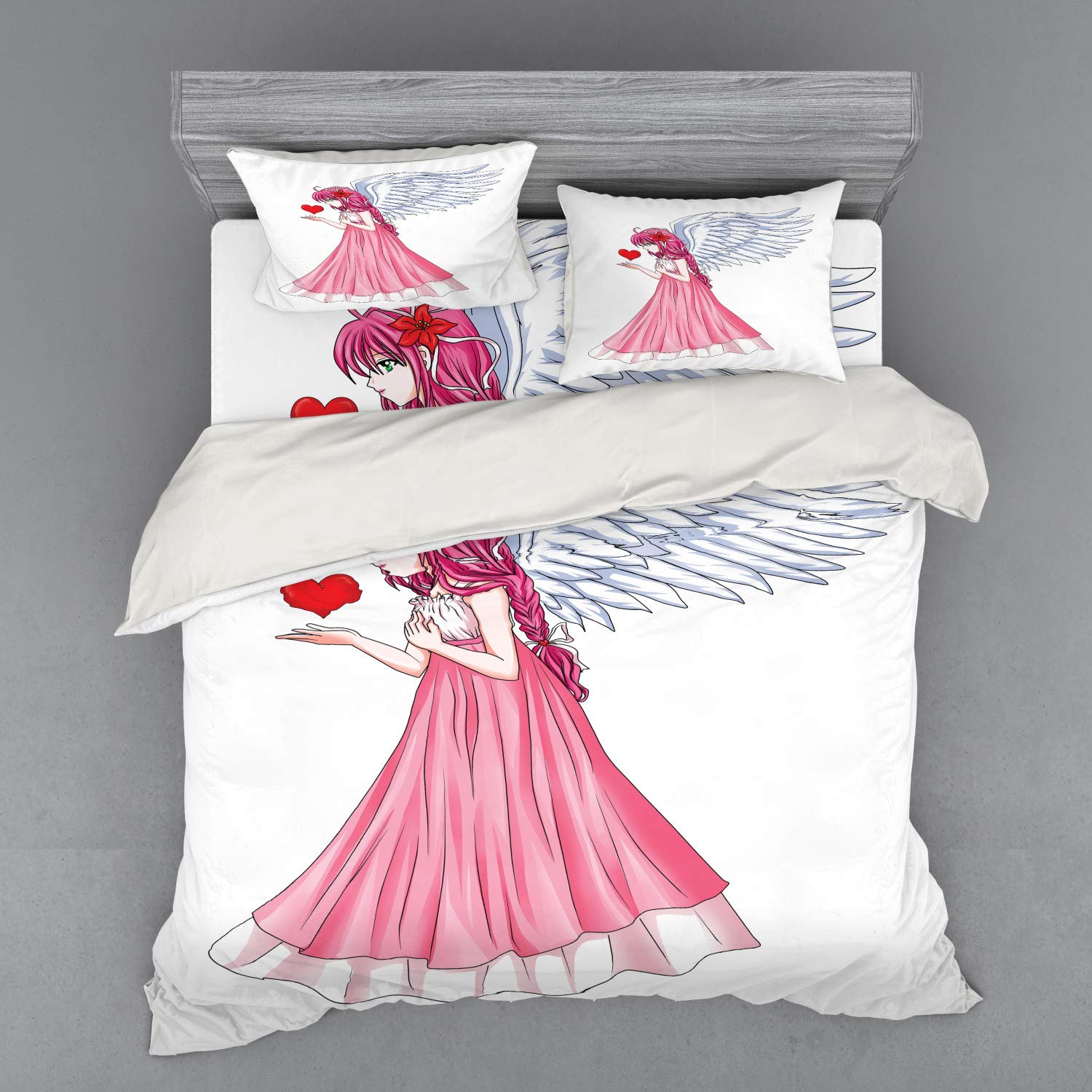 Ambesonne Anime Duvet Cover Set - Pink Dress Angel Character Holding Heart, 4-Piece Bedding Set with Shams & Fitted Sheet, King Size in Pink Red White | Valentine's Day Gift, Romantic Bedroom Decor for Anime Fans